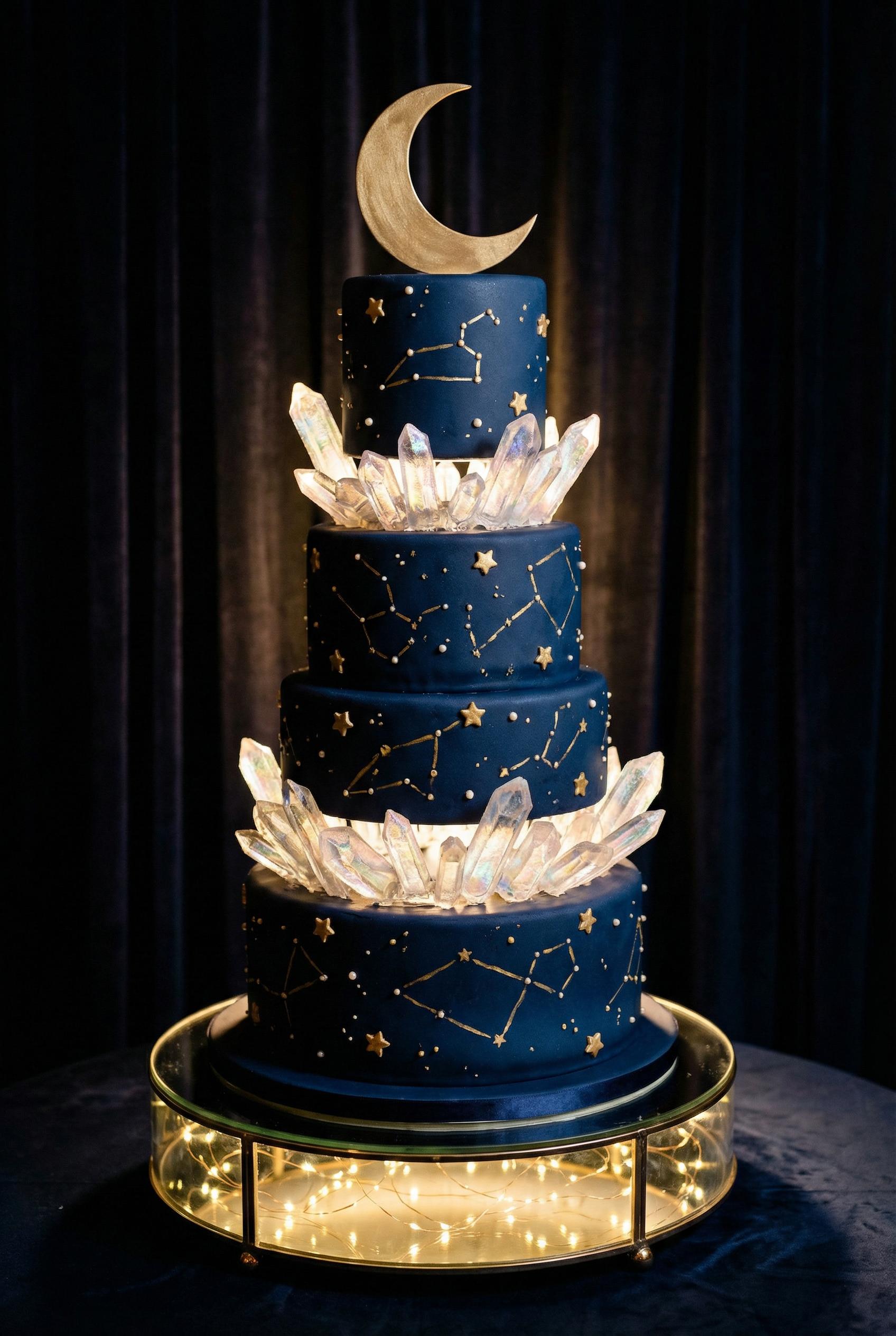 A show-stopping four-tier celestial-themed wedding cake with a deep midnight navy blue fondant base coat and hand-painte