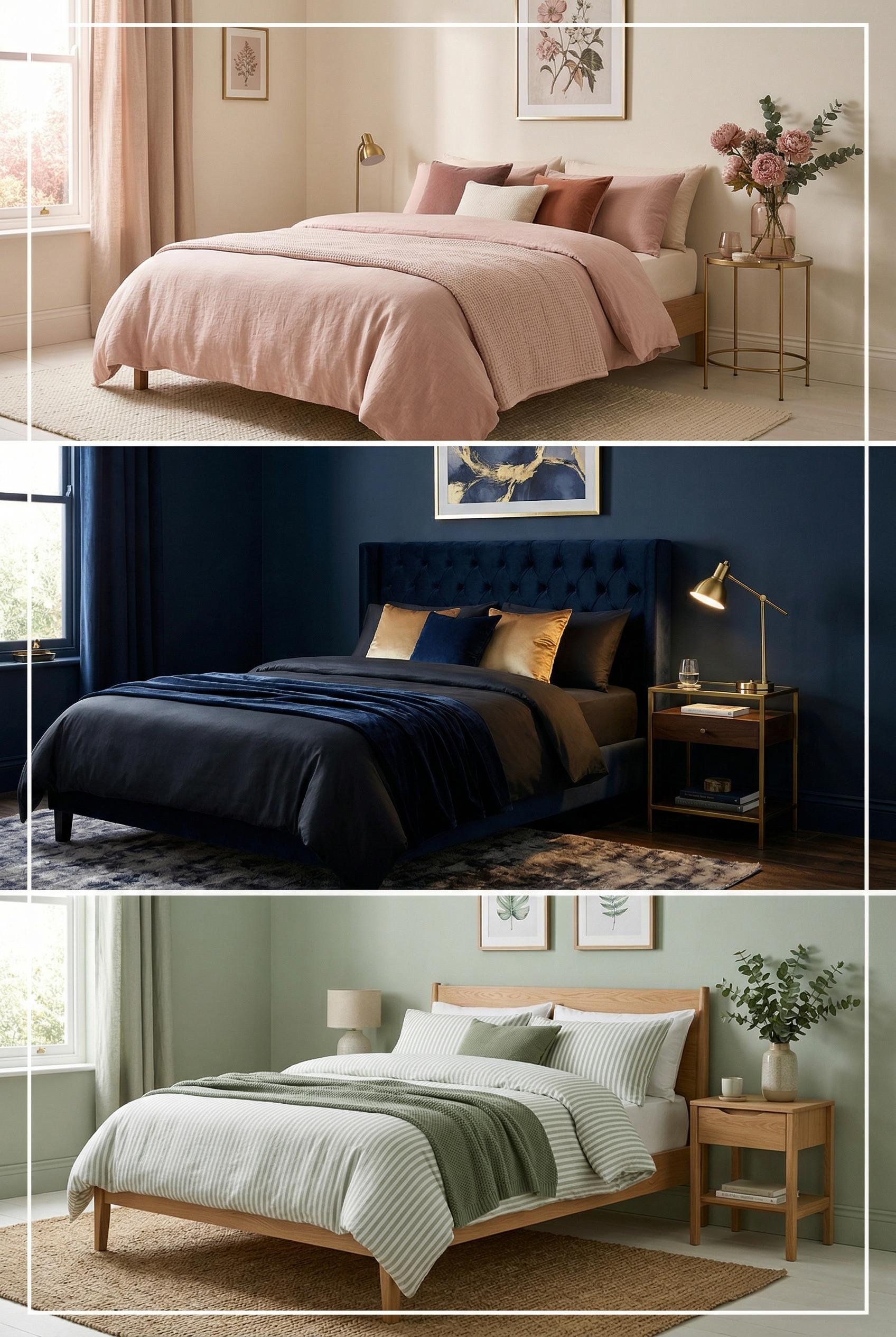 A 1x3 vertical grid showing three bedroom color palette moods, each panel depicting a fully styled bedroom scene. Top pa
