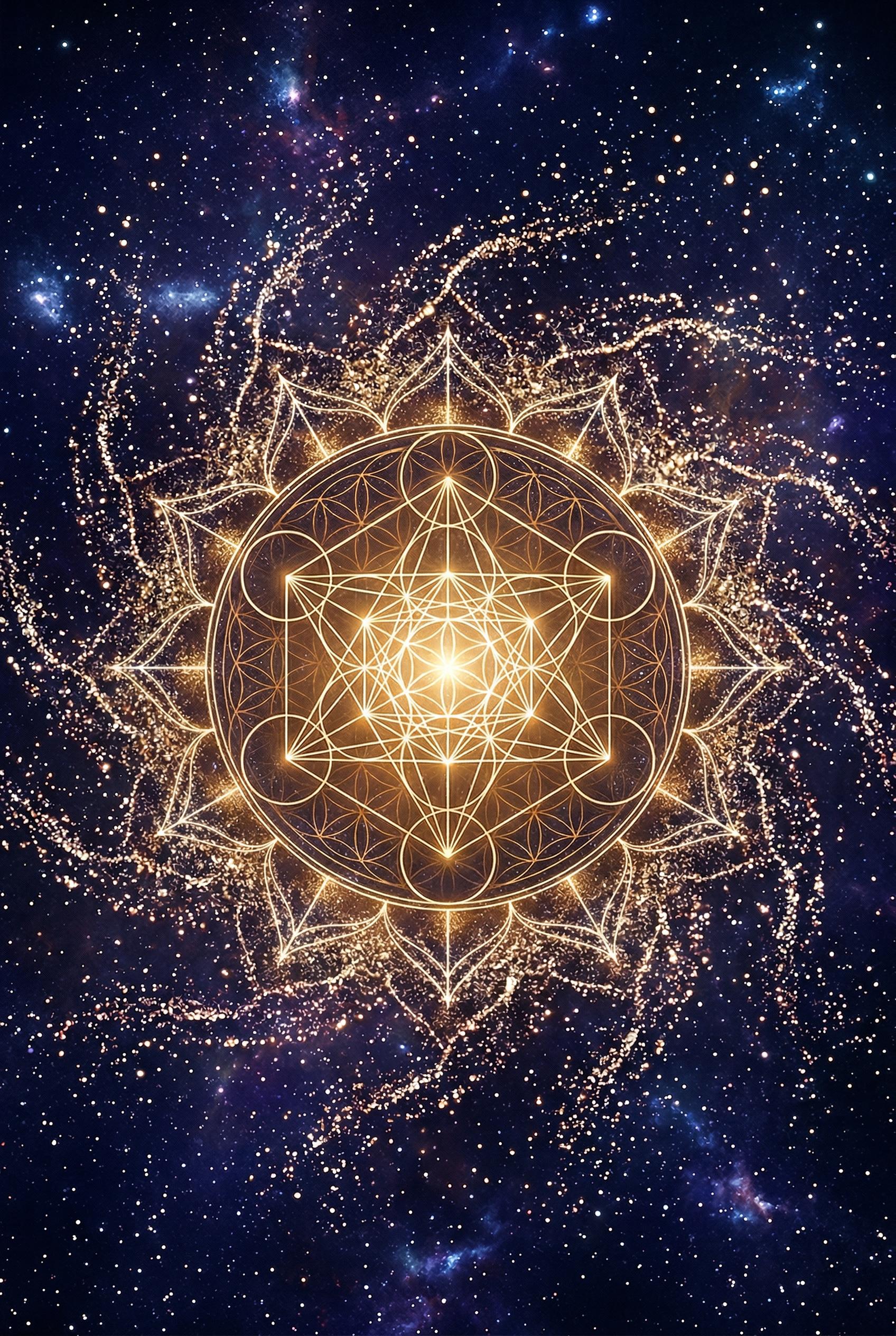 An intricate sacred geometry mandala composed of perfectly precise golden ratio spirals, flower of life pat...