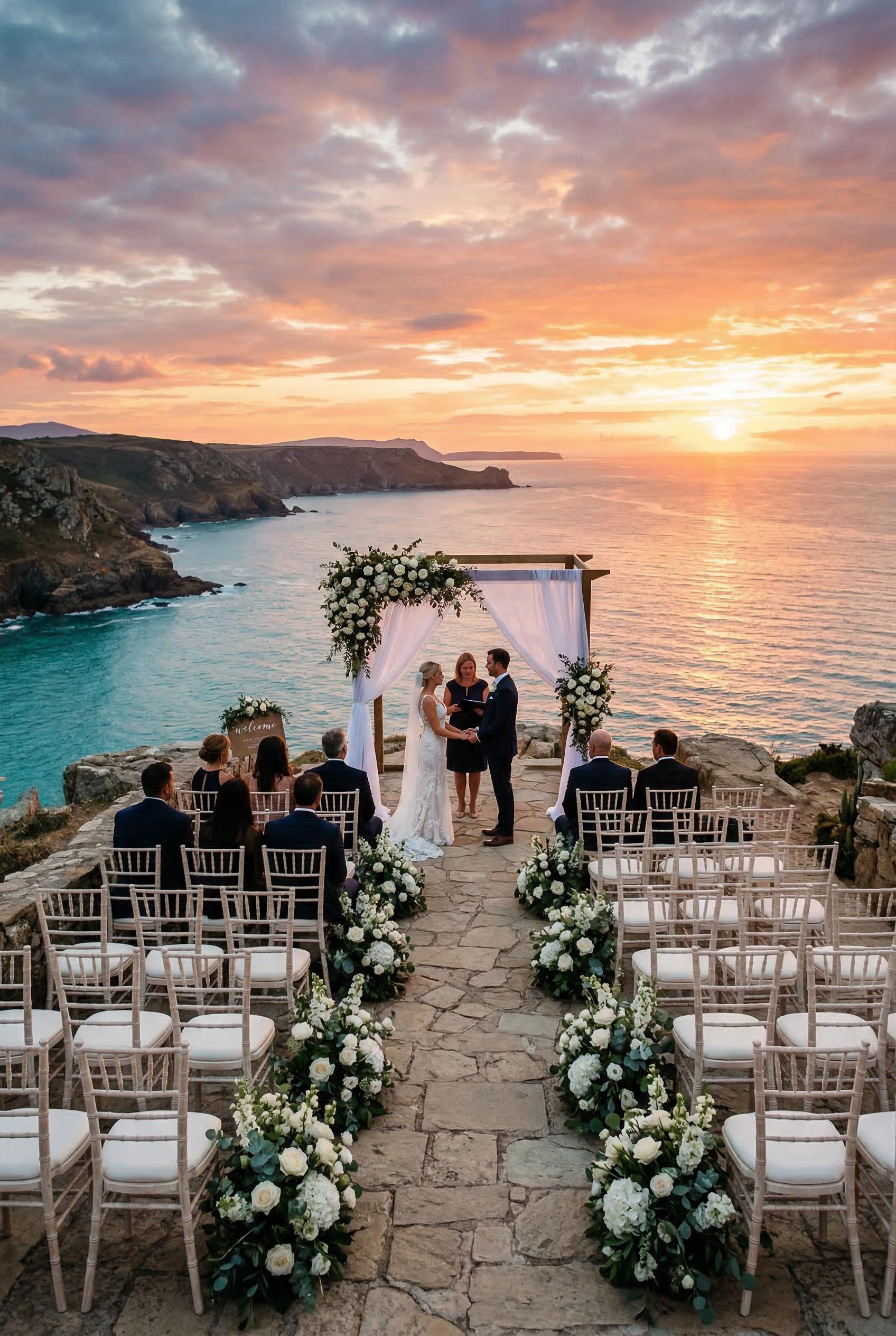 A breathtaking cliffside wedding ceremony setup overlooking a vast turquoise ocean at sunset, with rows of elegant white