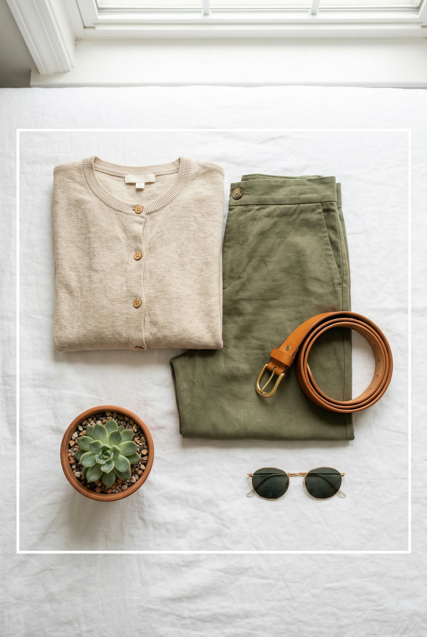 An overhead flat-lay of carefully arranged earth-tone clothing on a crisp white bedsheet, featuring a neatly folded beig