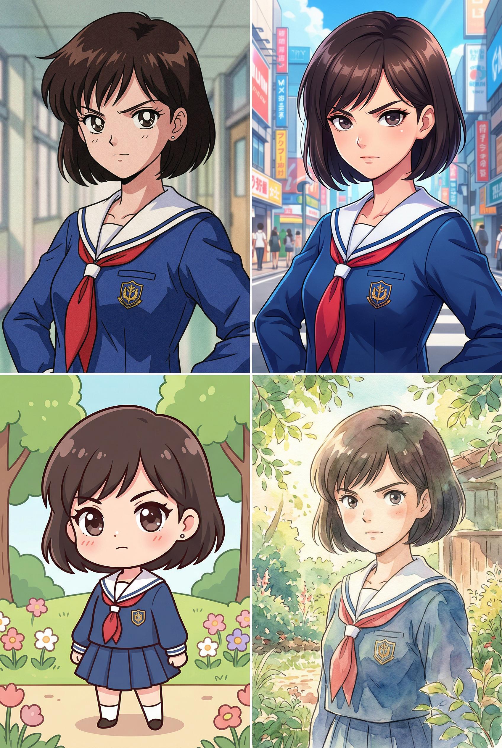 A 2x2 grid showing the same anime character — a young woman with short bob-cut hair and determined eyes — rendered in fo