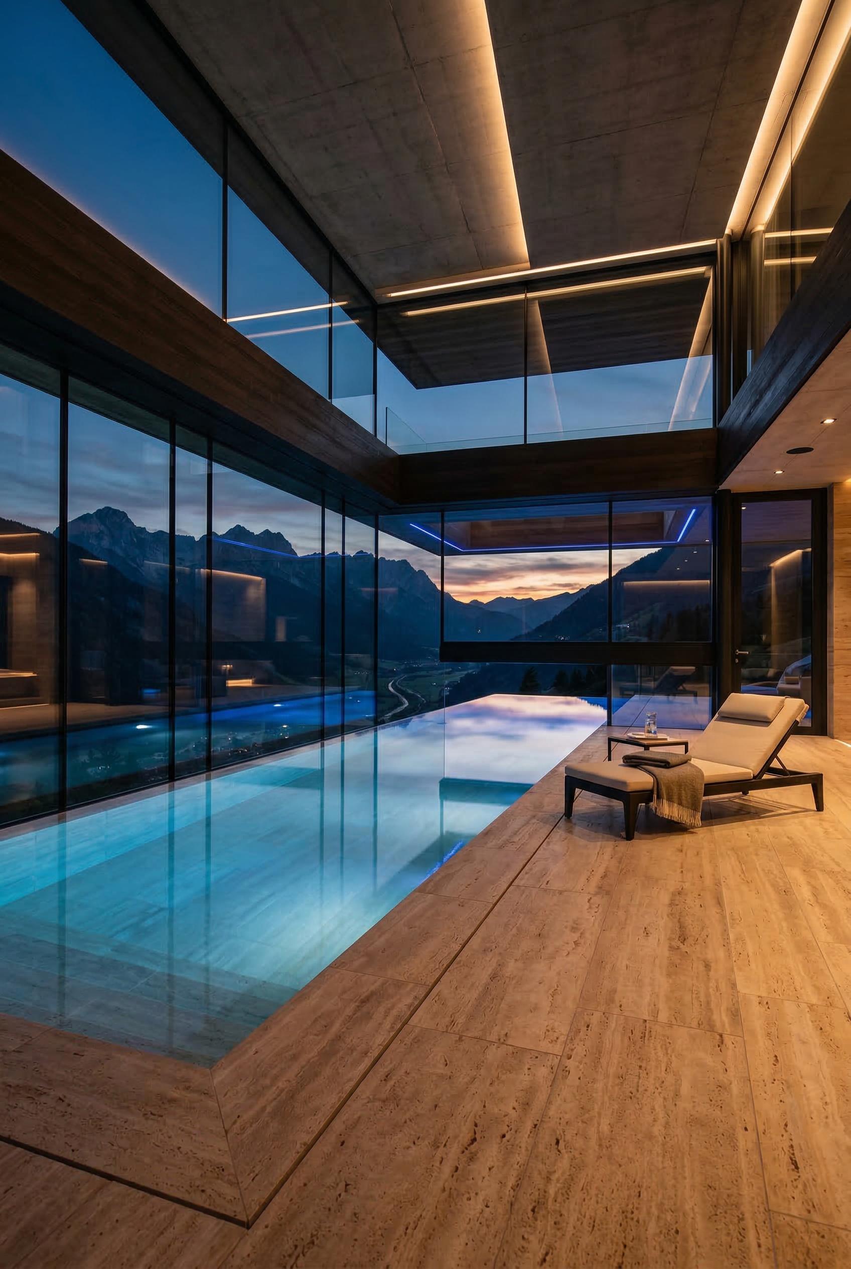 A luxury modern home with an indoor infinity pool, floor-to-ceiling glass walls looking out to mountains, minimalist arc
