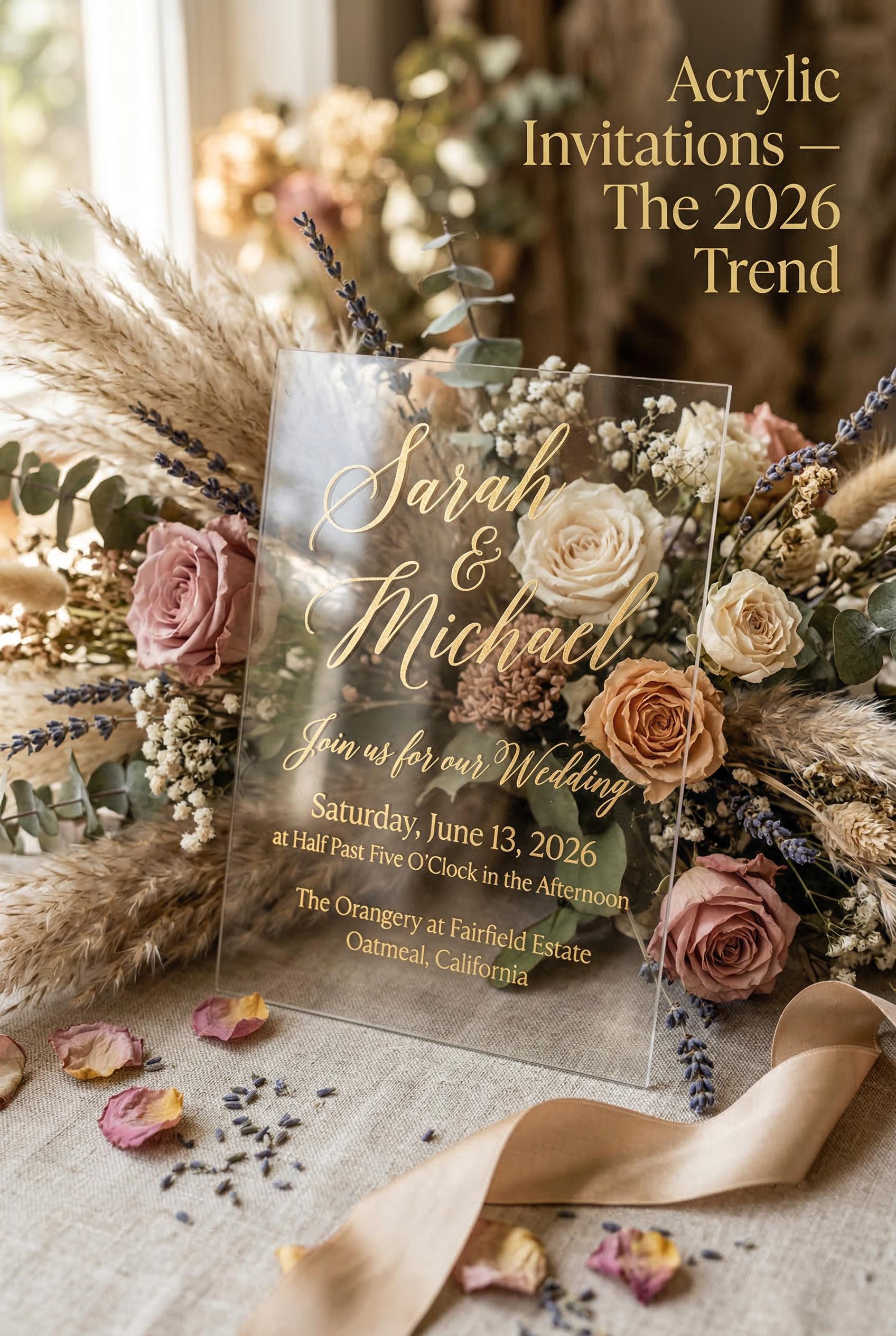 A transparent acrylic wedding invitation with elegant gold calligraphy script text, displayed at a slight angle on a lus