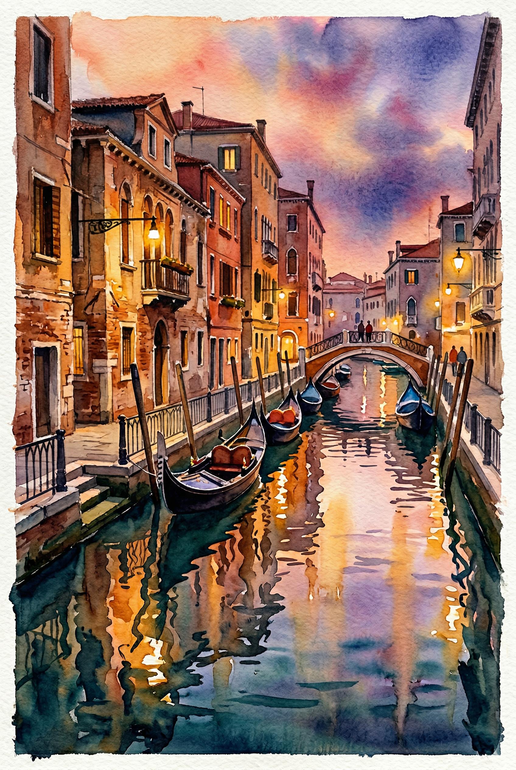 A romantic Venetian canal scene at twilight painted in loose expressive watercolor style, several dark gondolas moored a