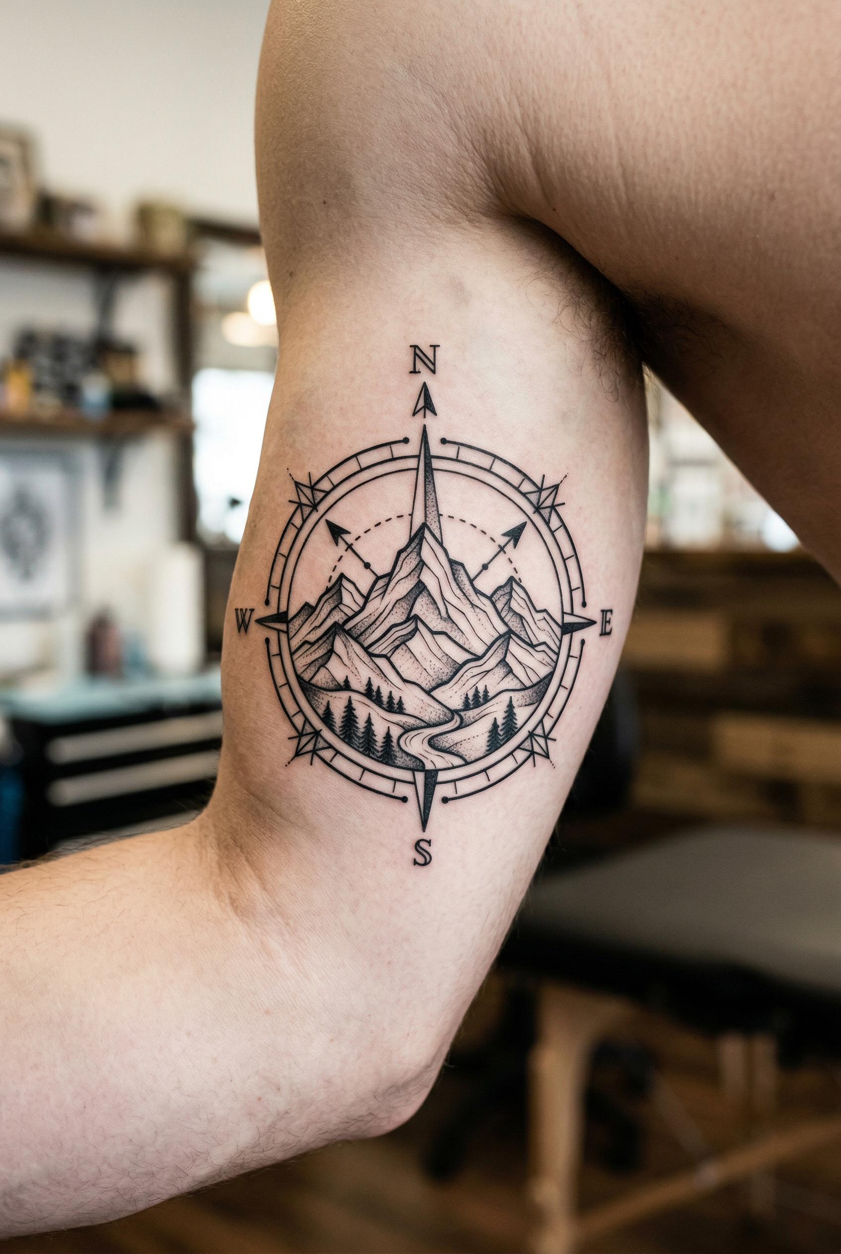 A geometric compass tattoo on the inner bicep with a mountain range silhouette contained inside the compass circle, clea