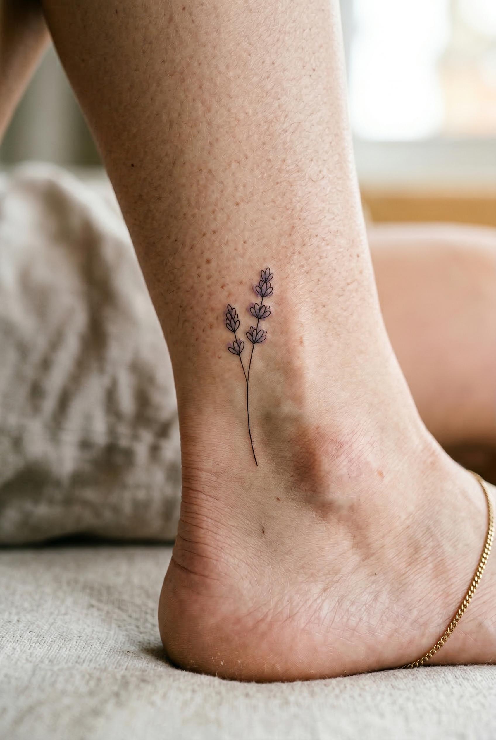 A tiny fine-line lavender sprig tattoo on the inner ankle, featuring 3-4 small lavender flower buds on a single delicate