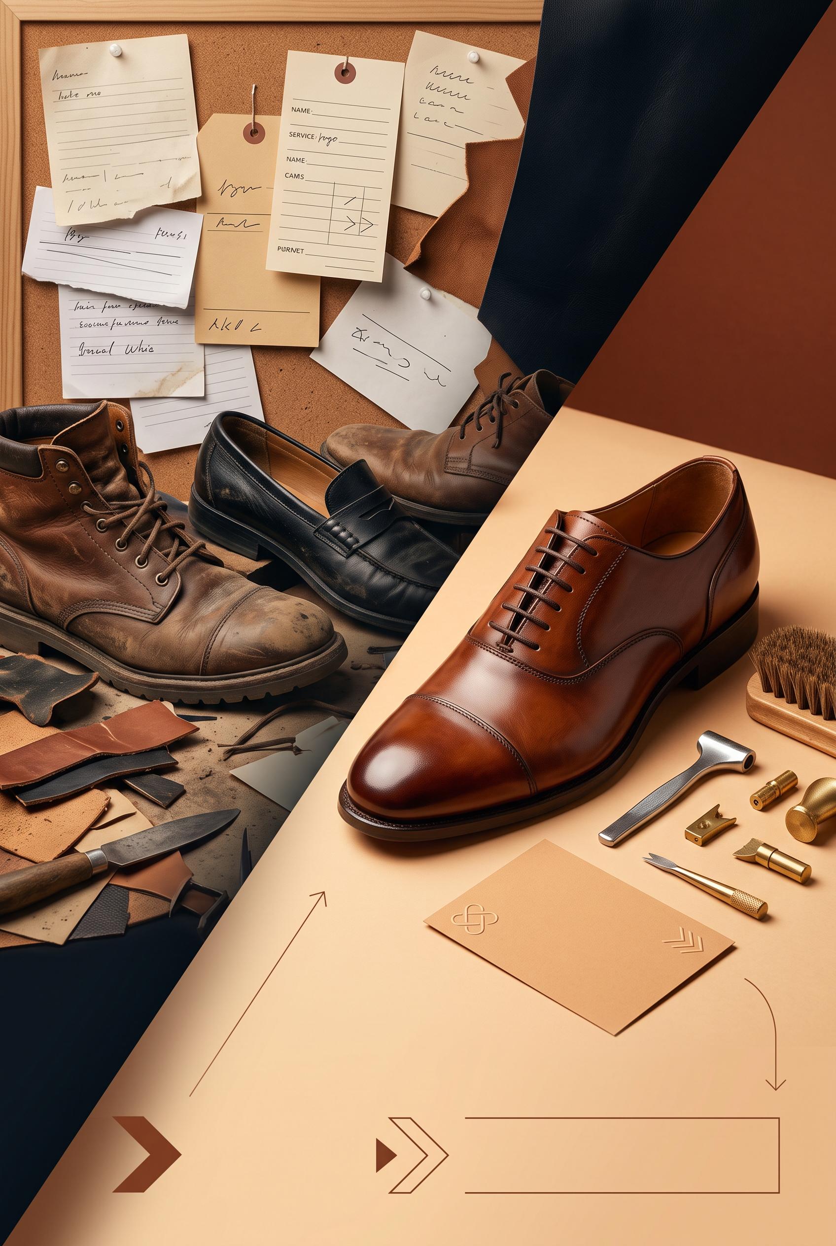 Create a commercial-quality vertical 2:3 Pinterest composition for an independent shoe repair studio