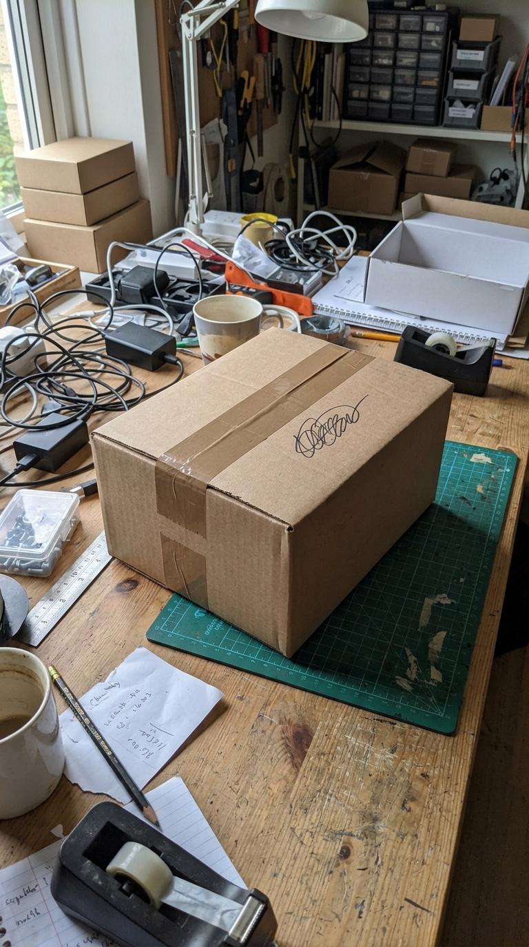 Amateur handheld phone photo of plain product packaging on a cluttered work table, imperfect angle a