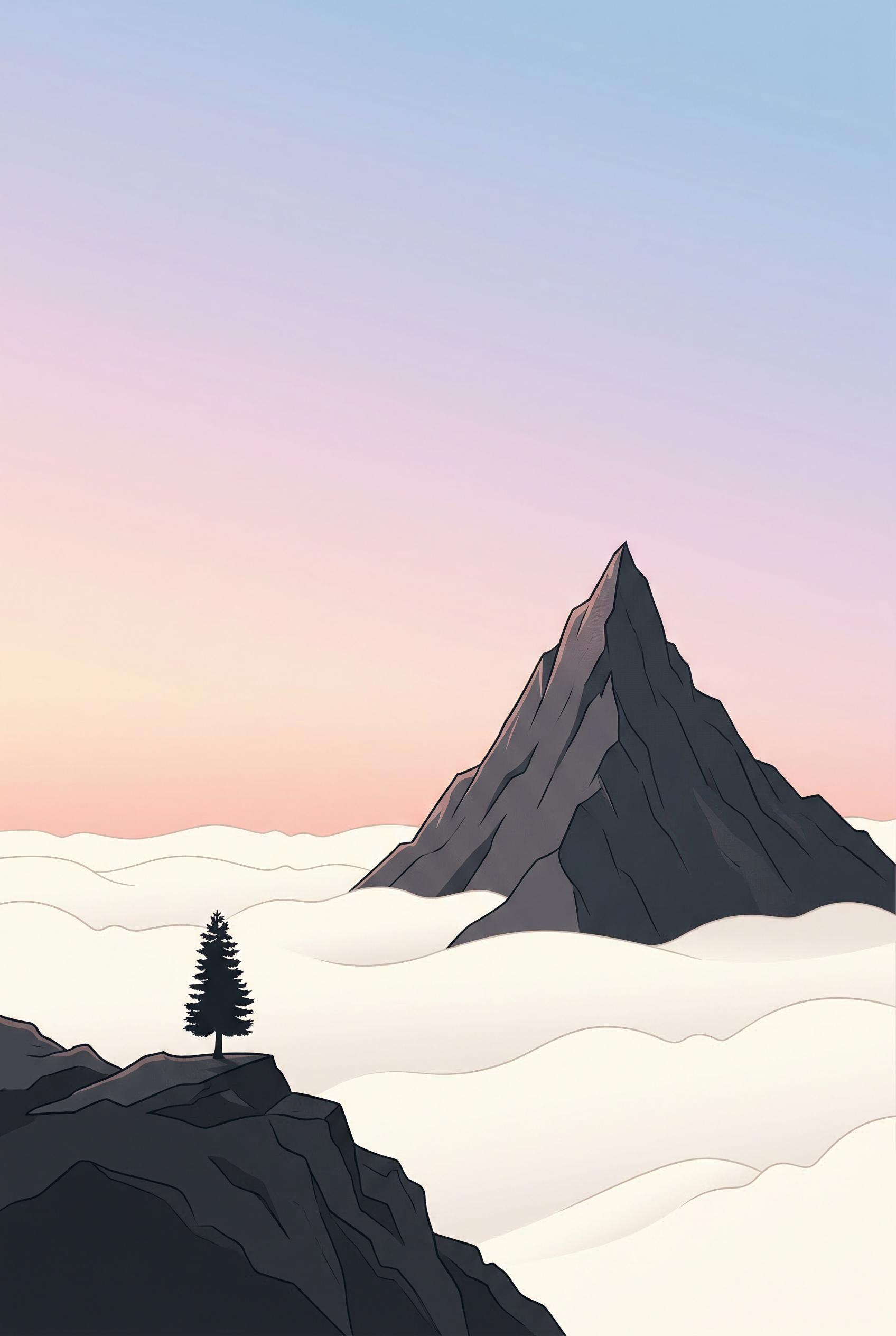 A minimalist illustration of a sharp mountain peak rising above a smooth sea of white clouds at sunrise, a single small