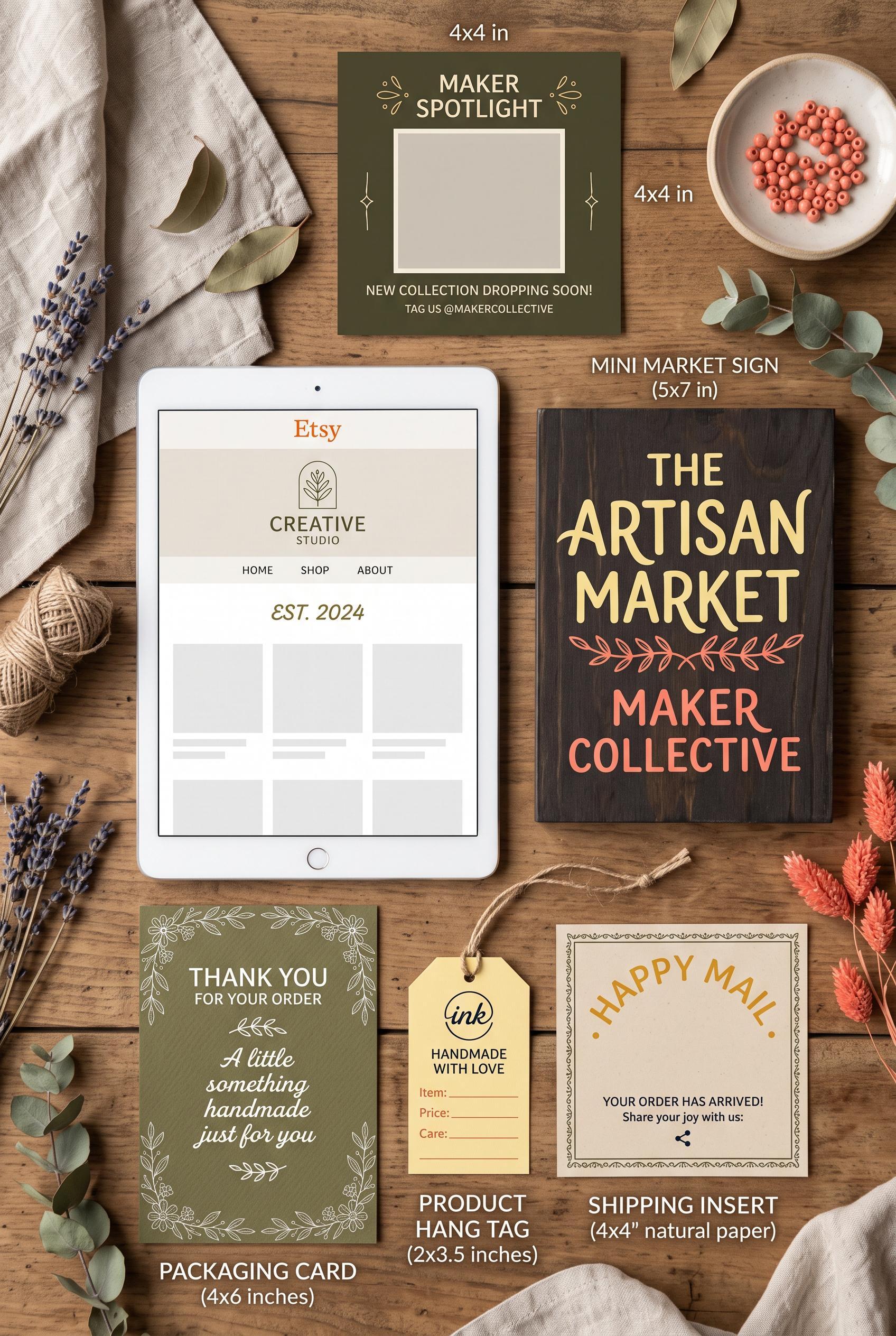 Create a commercial-quality vertical 2:3 Pinterest composition showcasing a cohesive Etsy maker mark