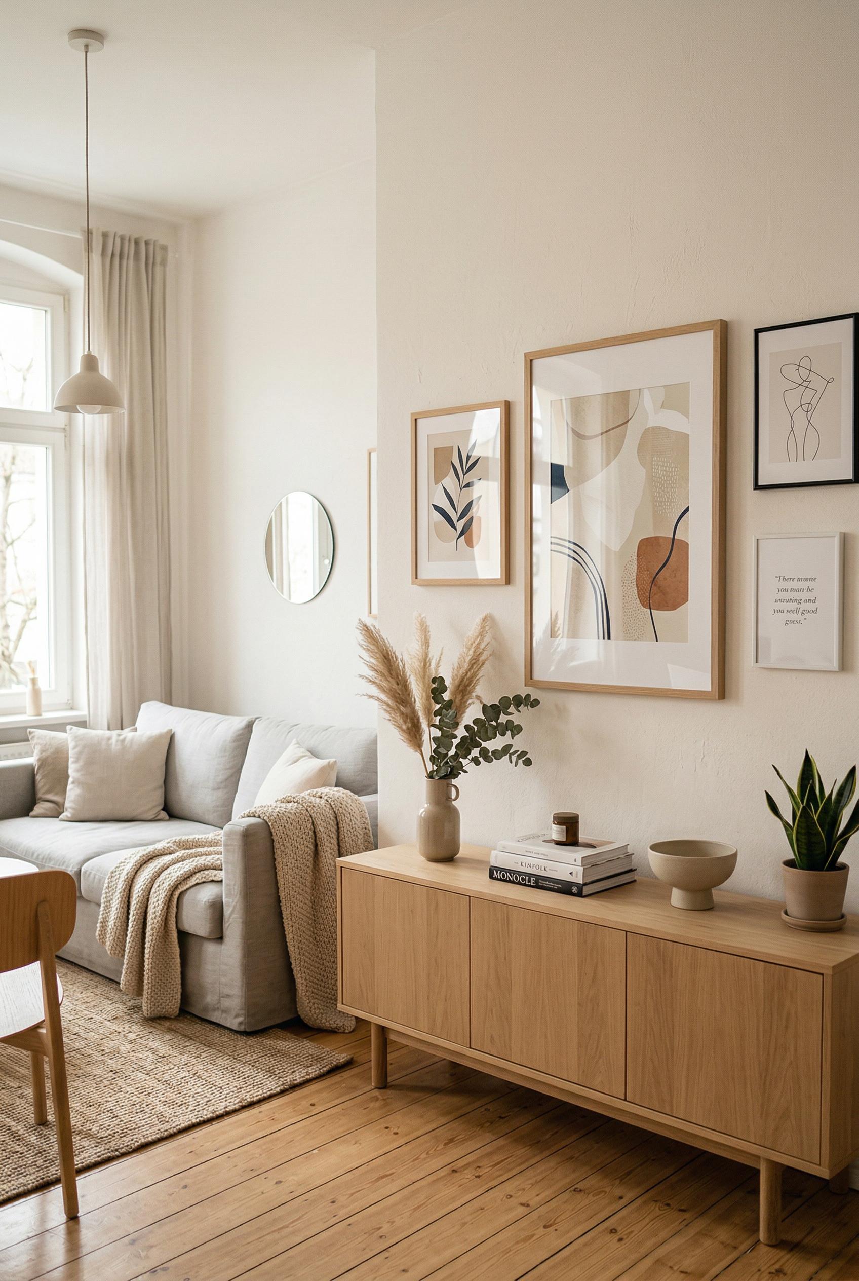 Art print mockup in modern frame on gallery wall, scandinavian interior, minimal decor, natural light, home staging