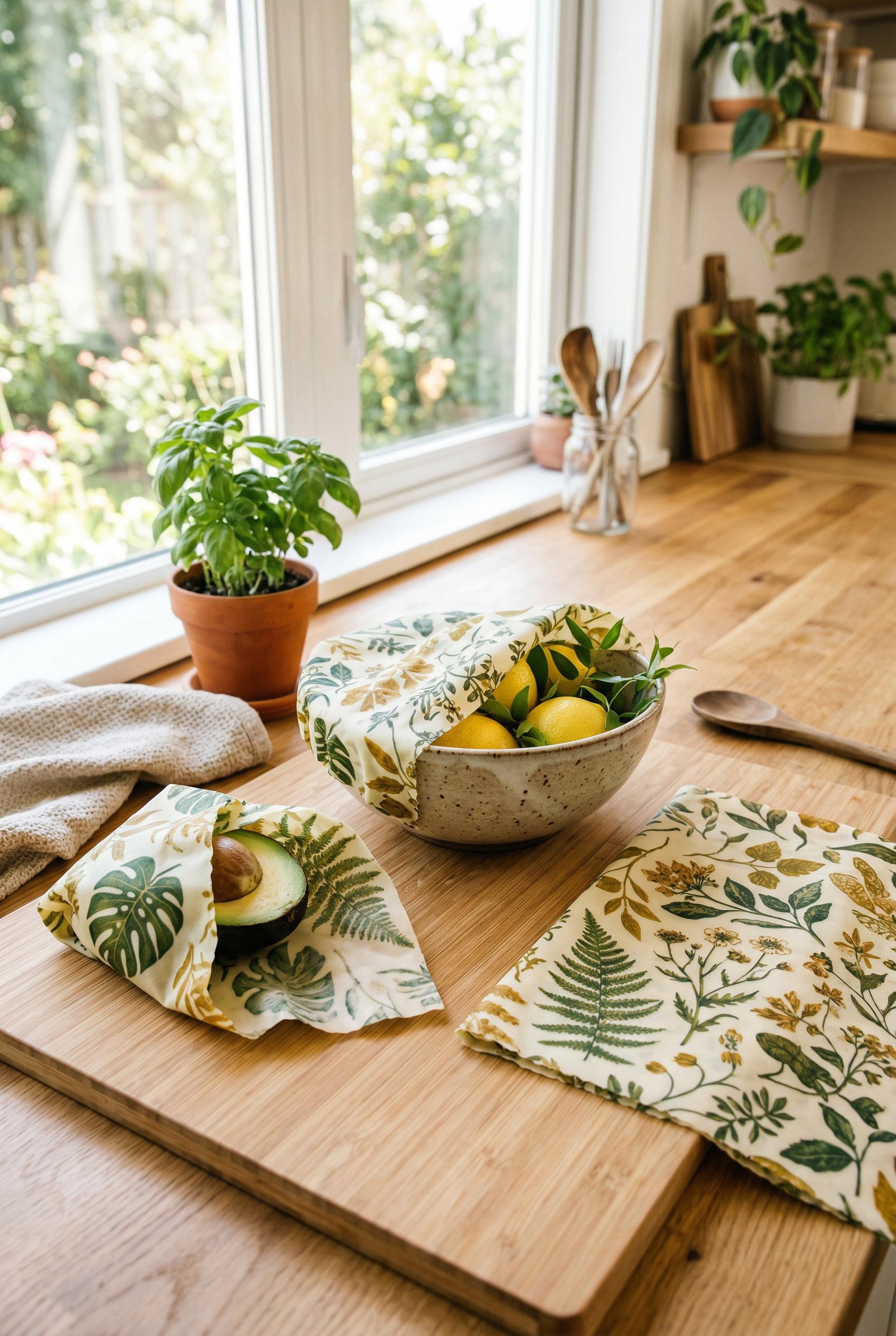 A set of three eco-friendly beeswax food wraps displayed in a bright modern kitchen setting, the wra