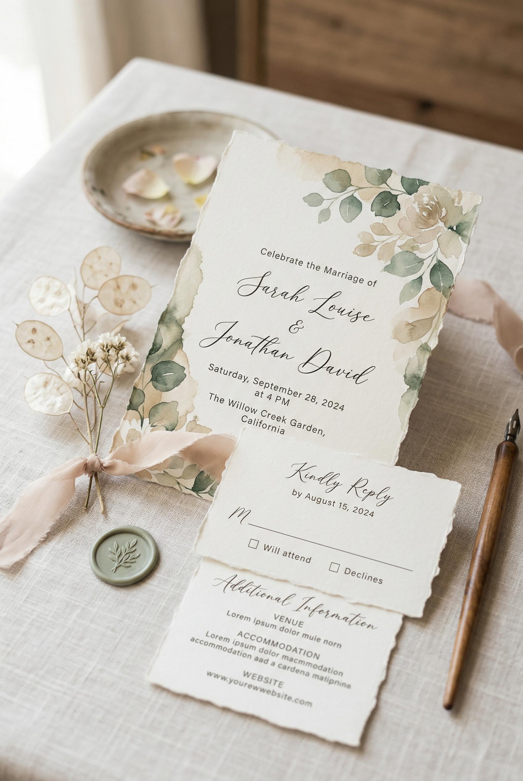 Pinterest-friendly wedding invitation ideas, editorial close-up with soft natural light, inspired by current trend signa