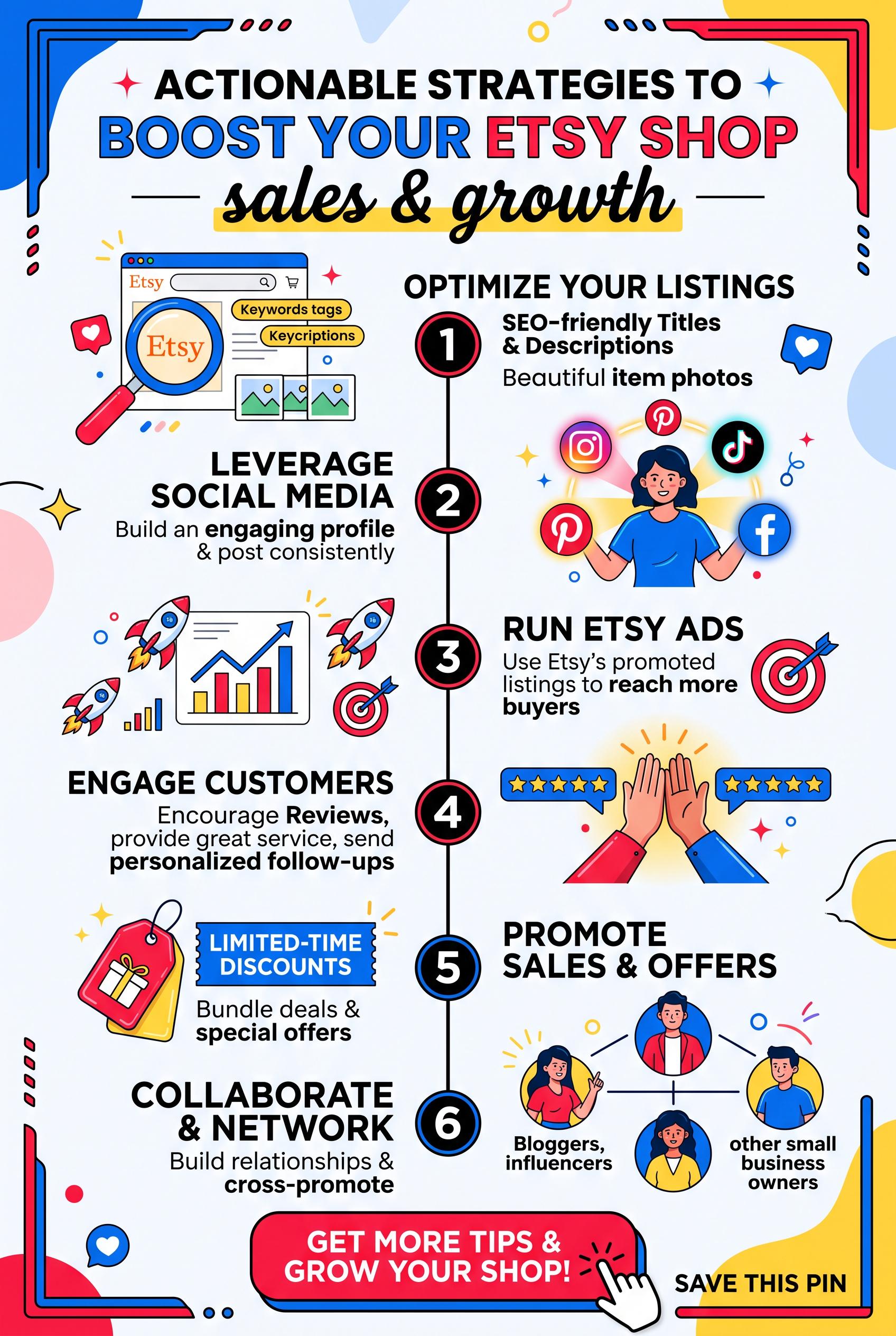 Create a vertical 2:3 Pinterest storyboard image that outlines actionable strategies to promote an E