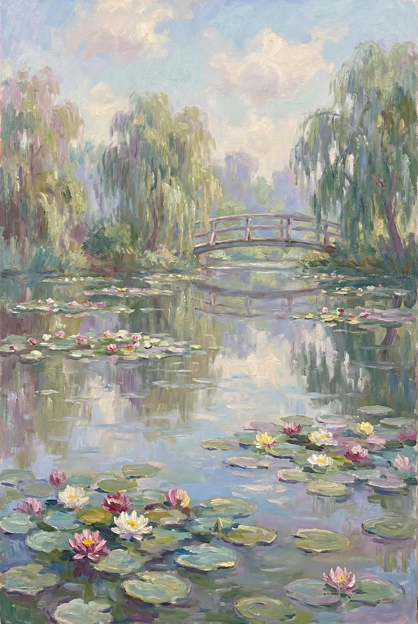 Drift into tranquility with this Monet-inspired water lily pond featuring soft impressionist brushst