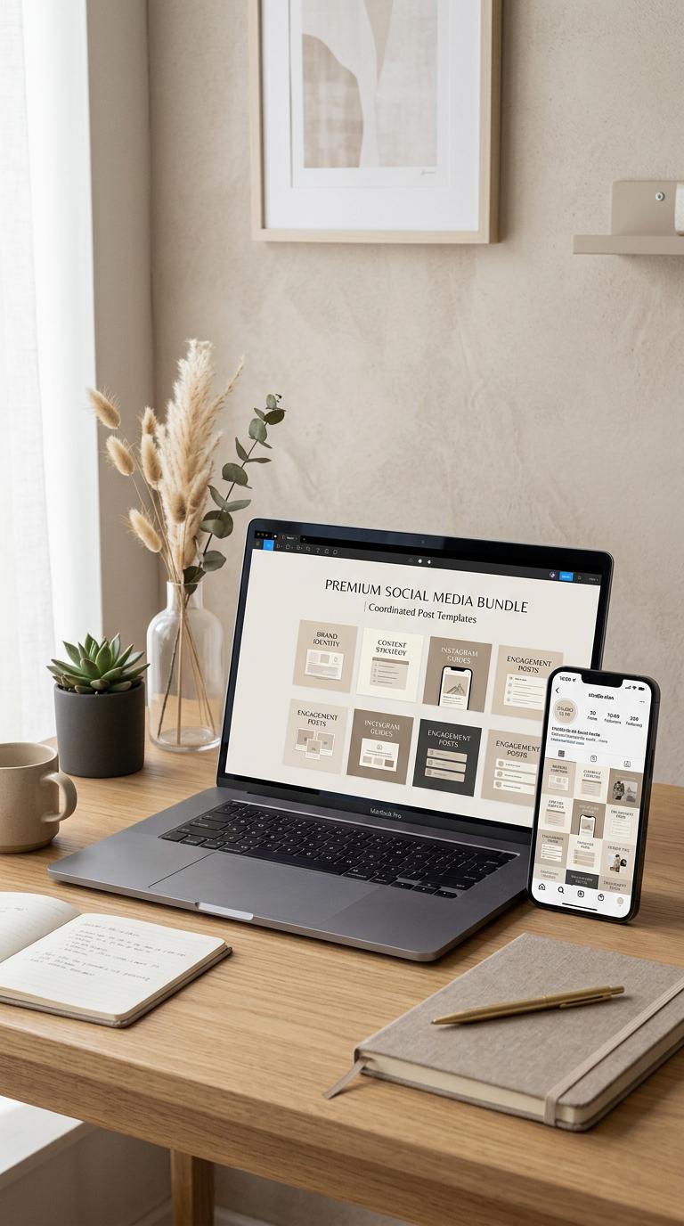 Create a premium vertical Pinterest marketing image for a small business social media brand, with elegant phone and lapt