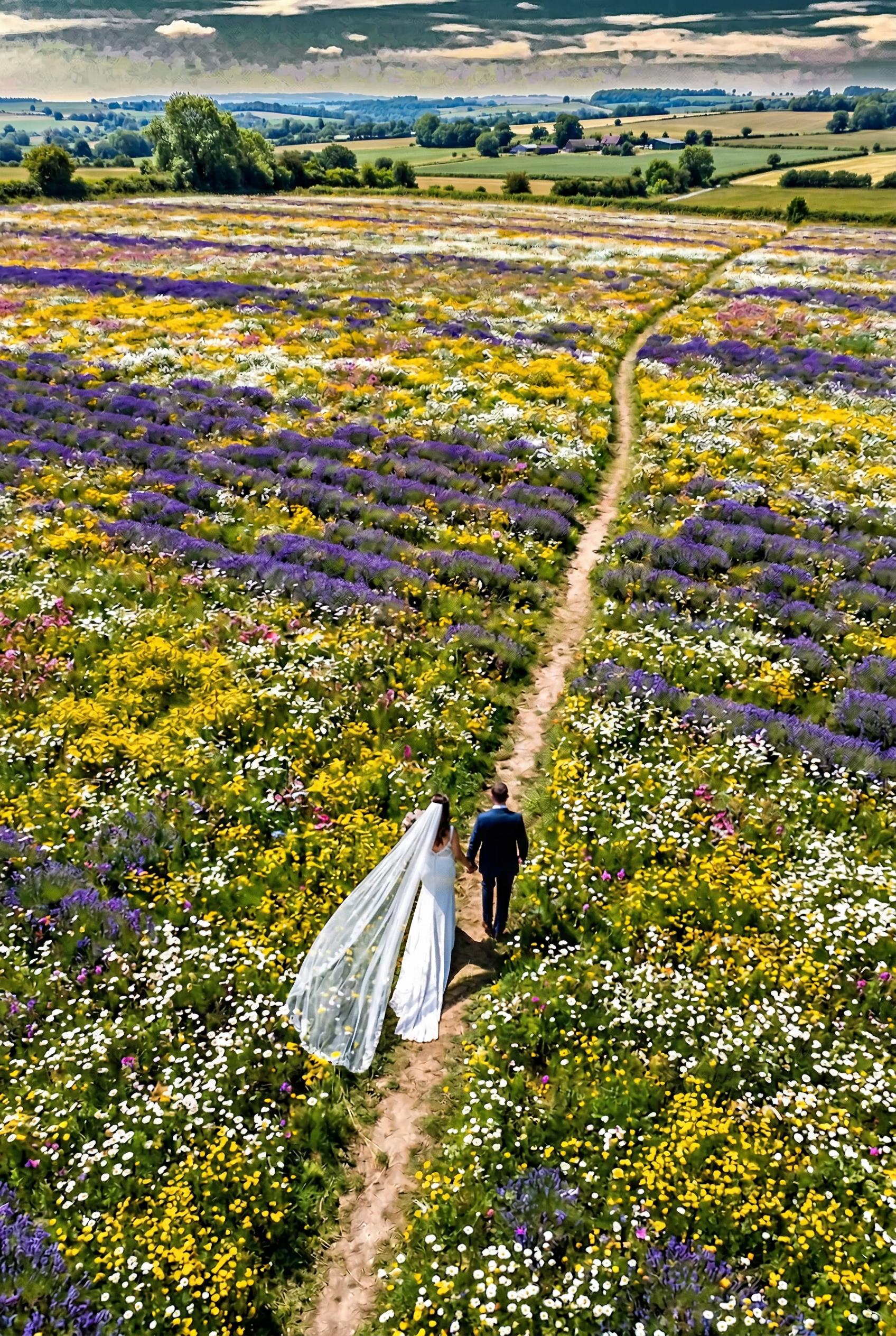 An aerial drone photograph shot directly from above, showing a bride and groom walking hand-in-hand 