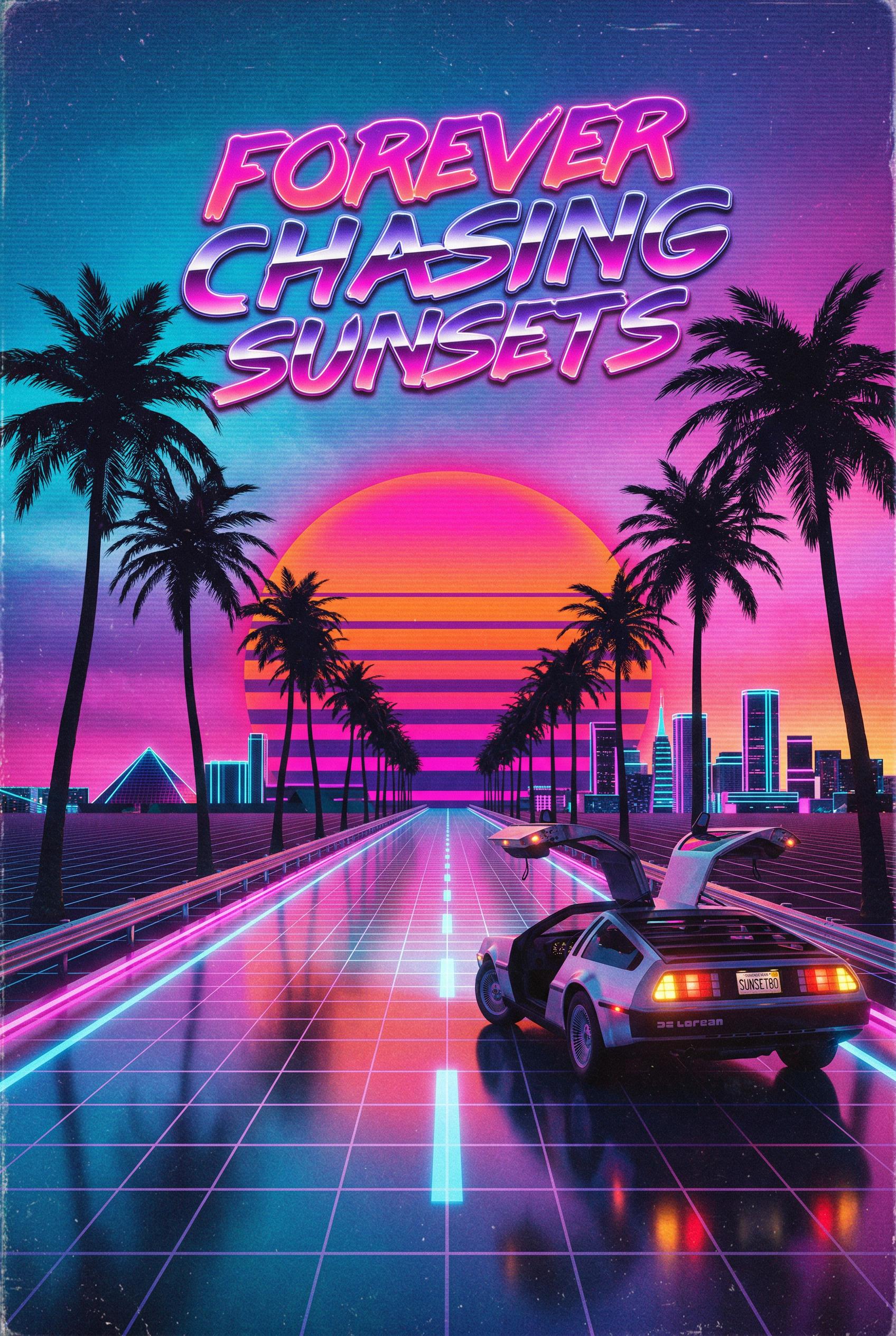 A retro 1980s Miami sunset scene with a perfectly straight neon-lit highway stretching into the distance toward a massiv