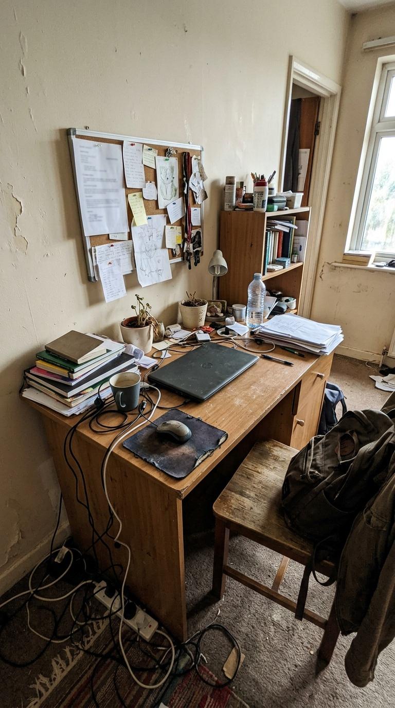 Amateur handheld phone photo of a slightly messy home desk area before redesign, imperfect wide-angle frami...