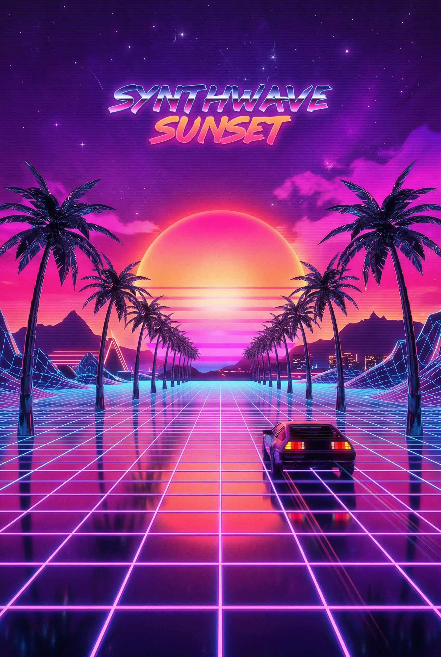 A vaporwave retrowave sunset landscape, neon pink and purple gradient sky, chrome palm trees silhouetted against the sun