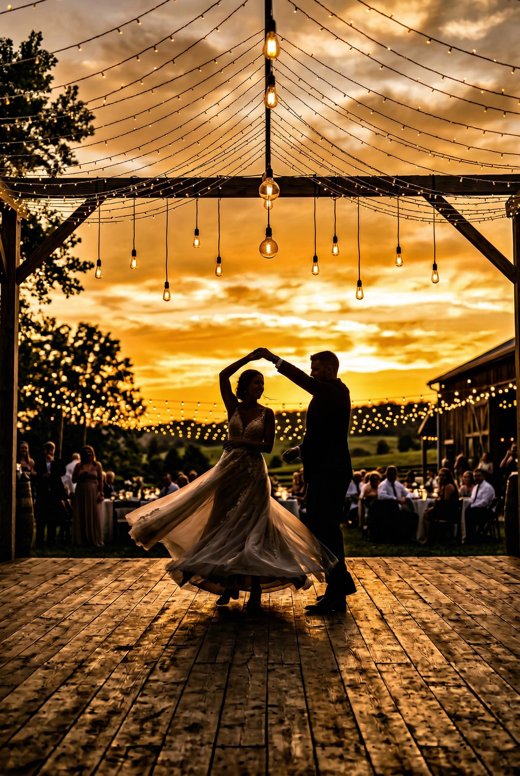 A golden hour silhouette photograph of a couple sharing their first dance outdoors on a wooden dance floor beneath a can