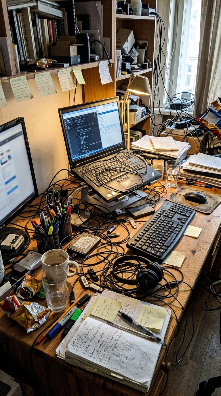 Amateur handheld phone photo of a creator's cluttered desk setup before branding and styling, imperfect pho...