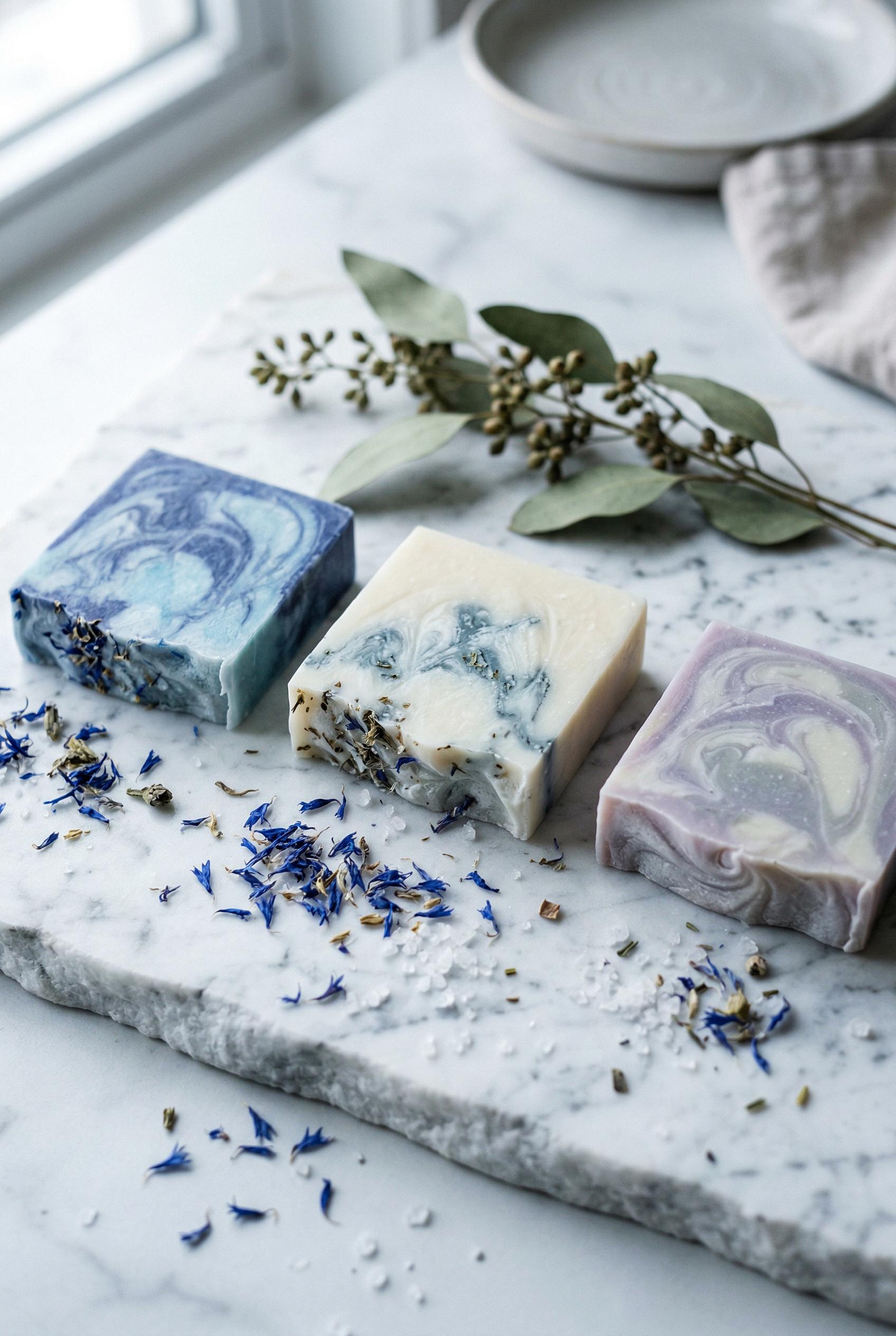 A premium handmade soap bar collection arranged on a slab of raw white Carrara marble, three artisan soap bars each with