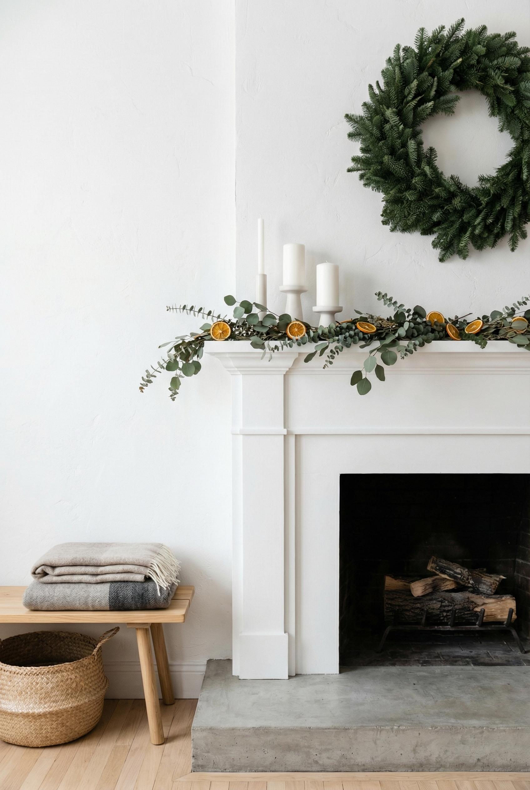 Minimalist fireplace mantle with simple garland, three white candles, and single wreath, Scandinavian aesthetic