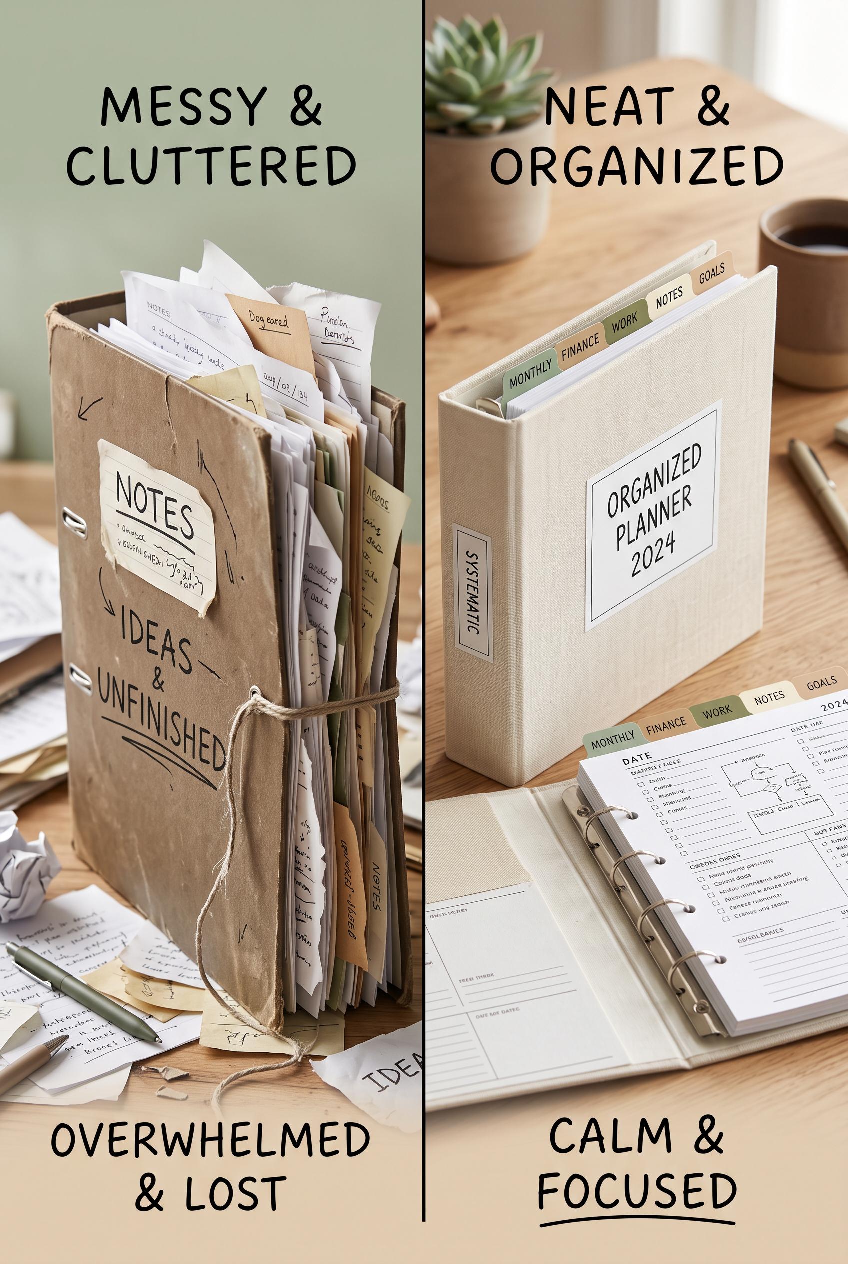 Create a vertical 2:3 Pinterest composition that visually splits the scene: on one side, a messy, cl