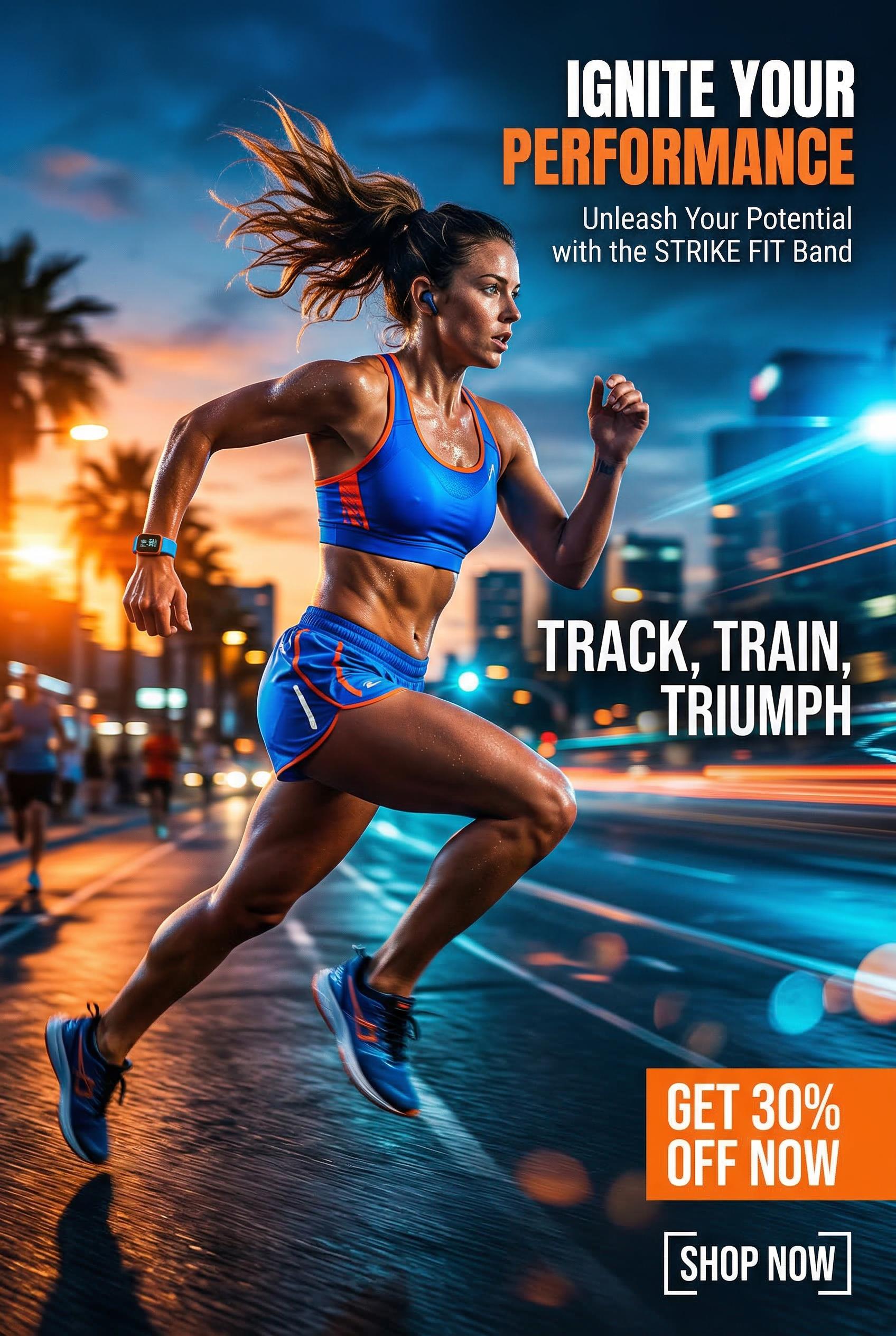 A dynamic Facebook ad creative for a fitness product, showing a person mid-workout with energetic lighting, bold vibrant