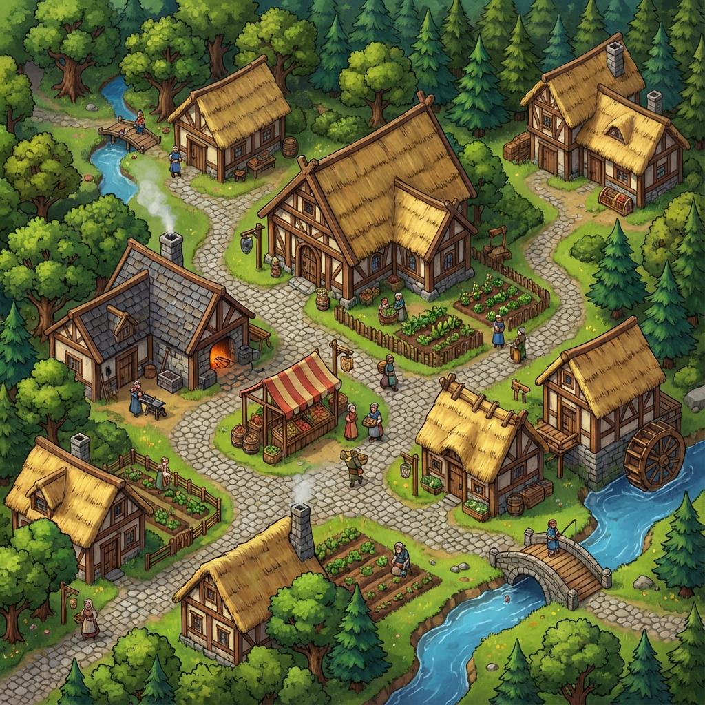 Isometric fantasy village with multiple buildings, winding paths connecting structures, tiny characters going about acti