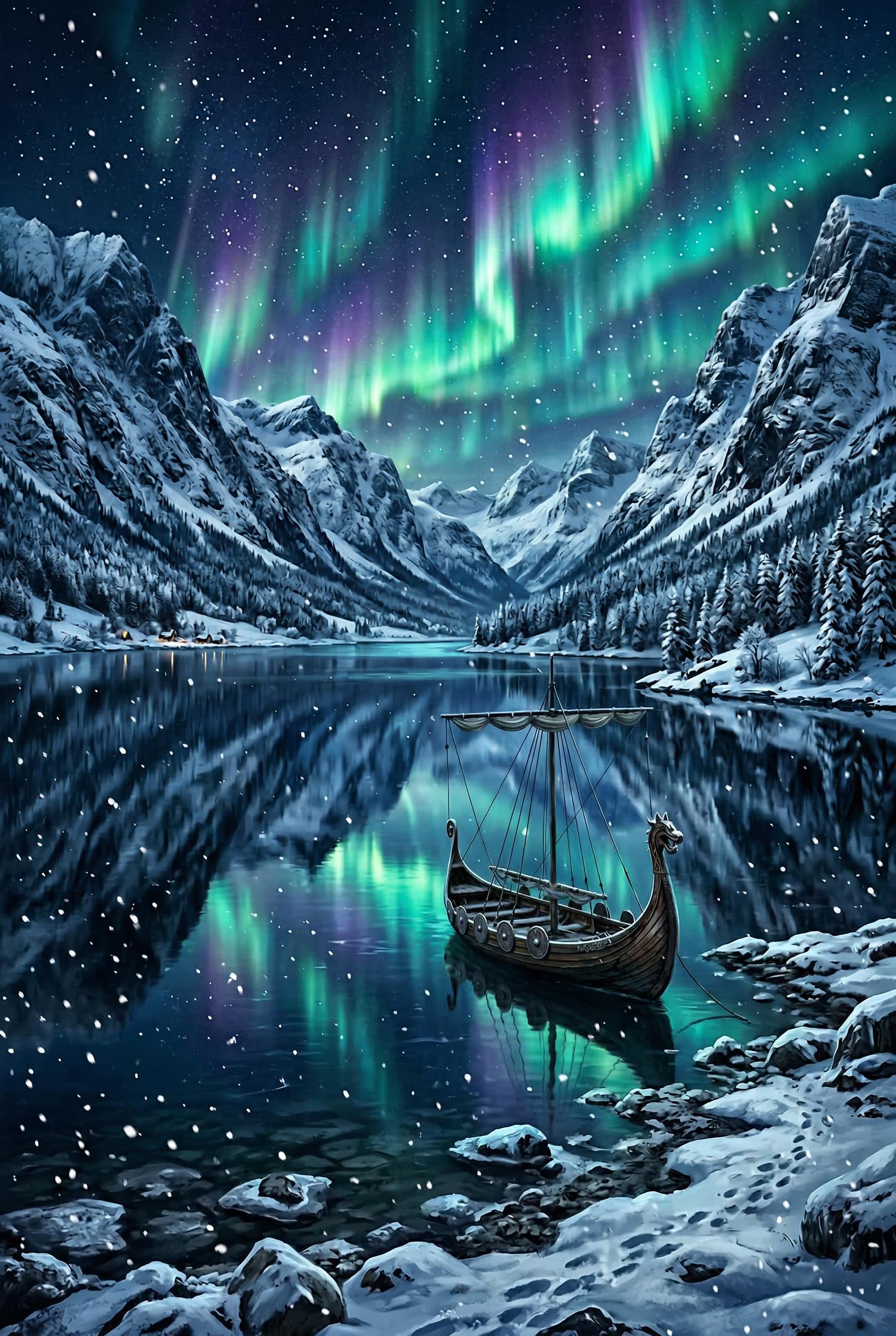 A breathtaking panoramic view of a frozen Viking fjord in winter, towering snow-covered mountain pea
