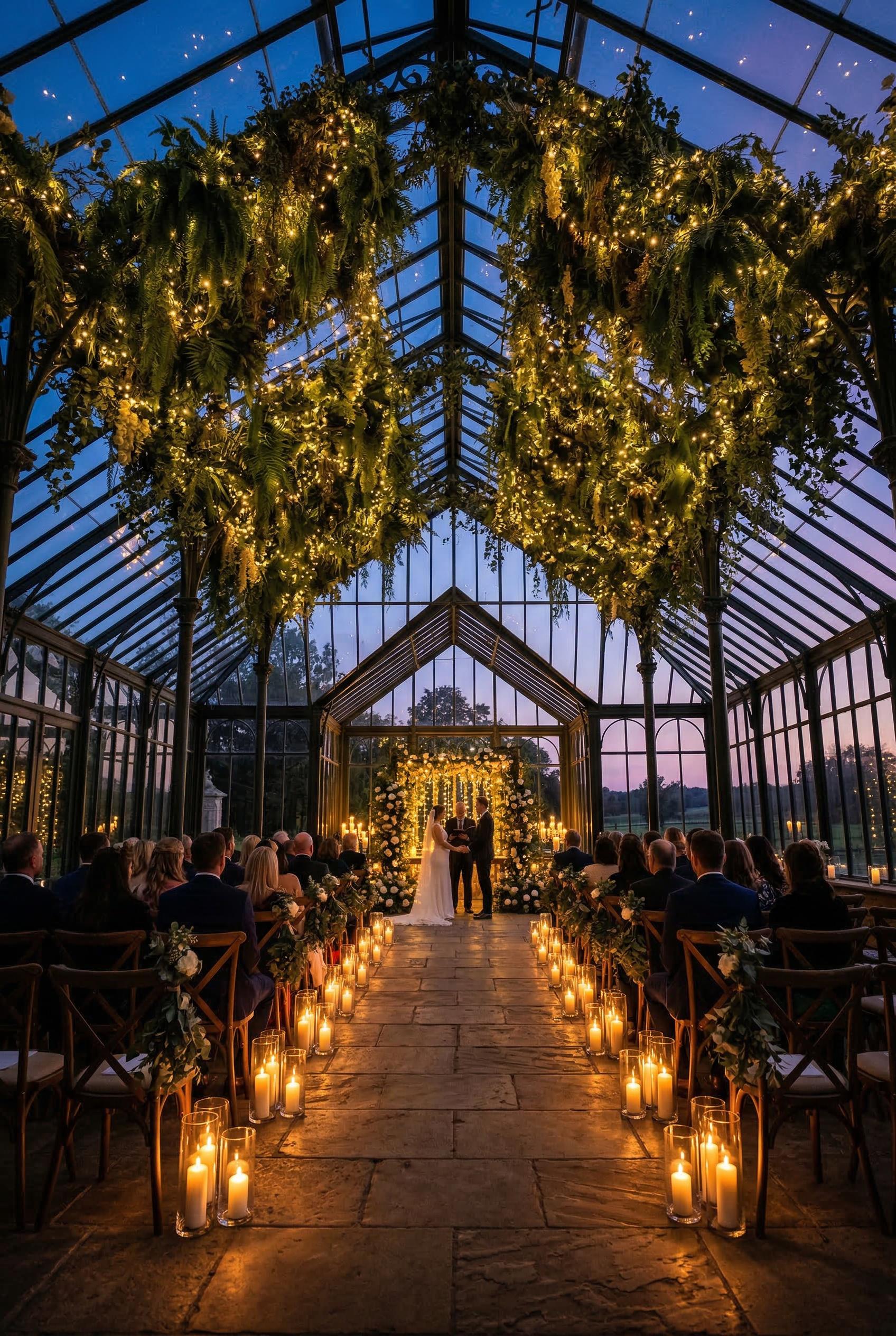 A magical glass greenhouse wedding venue at dusk, with a peaked glass roof and iron framework, interior filled with hang