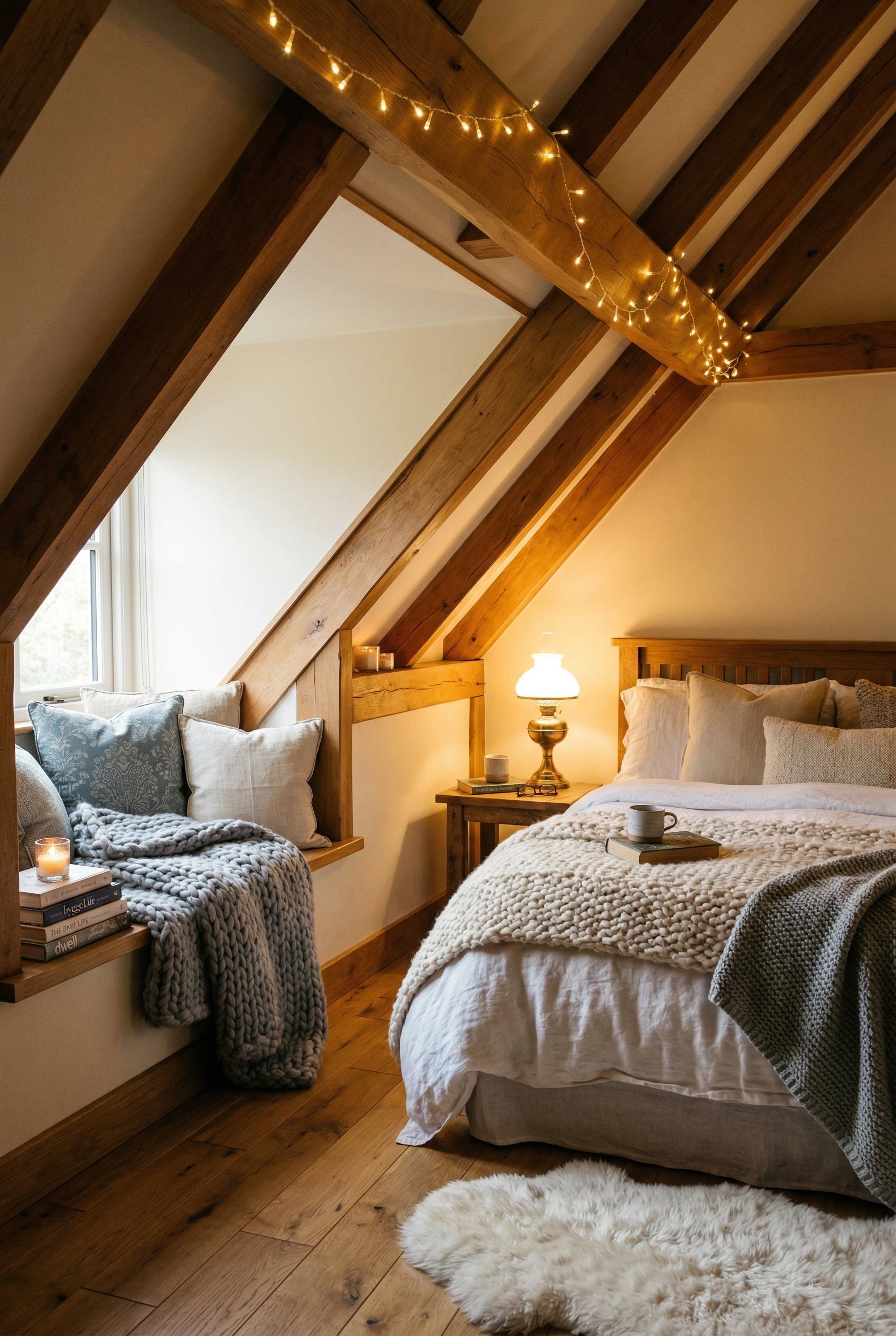A charming attic bedroom with exposed honey-toned wooden ceiling beams, a cozy bed with white and cream layered bedding