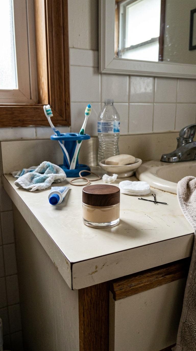 Amateur handheld phone photo of a small beauty product on a slightly messy bathroom counter, imperfe