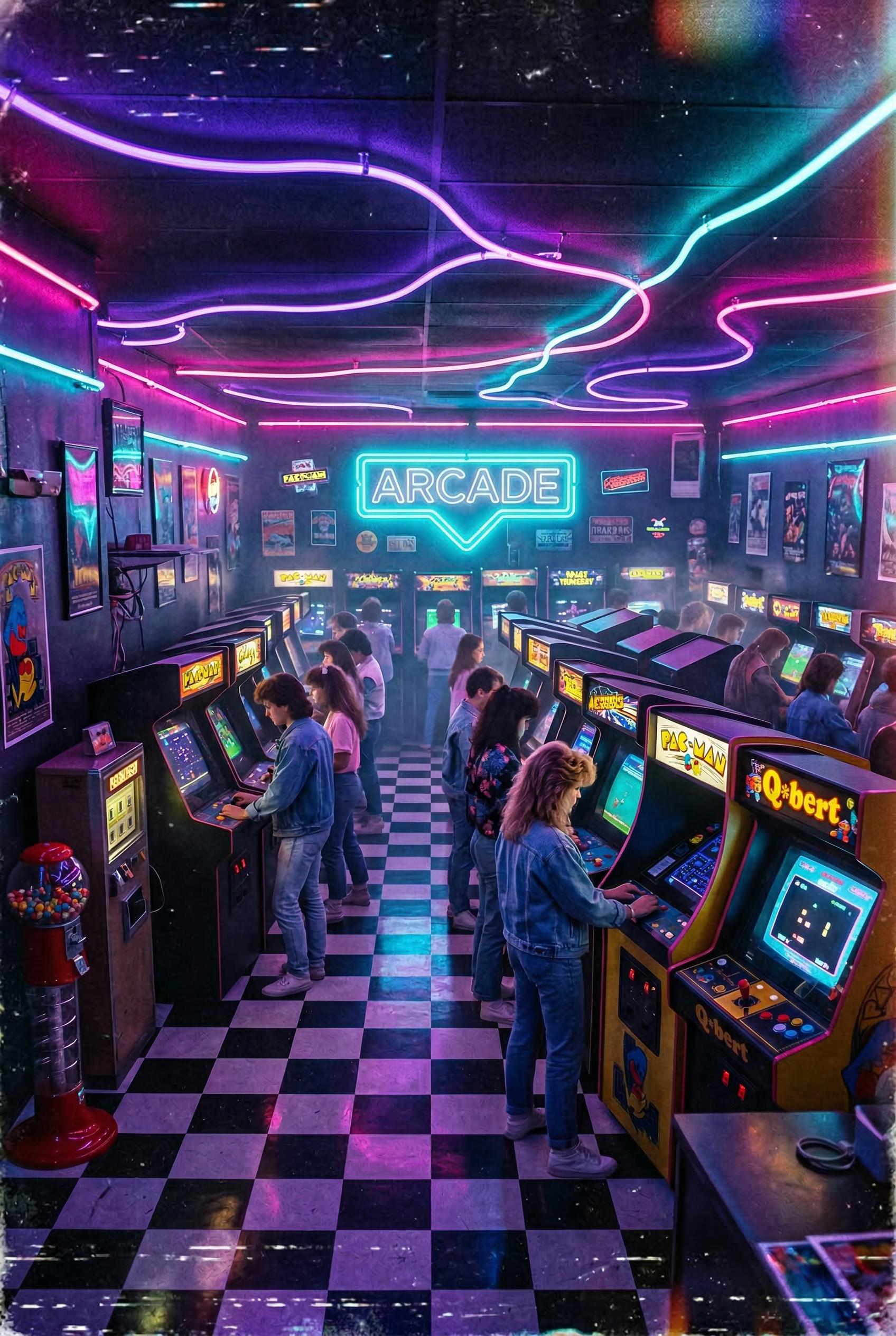 Interior of a retro 1980s video game arcade at night, rows of vintage arcade cabinet machines with glowing CRT screens d