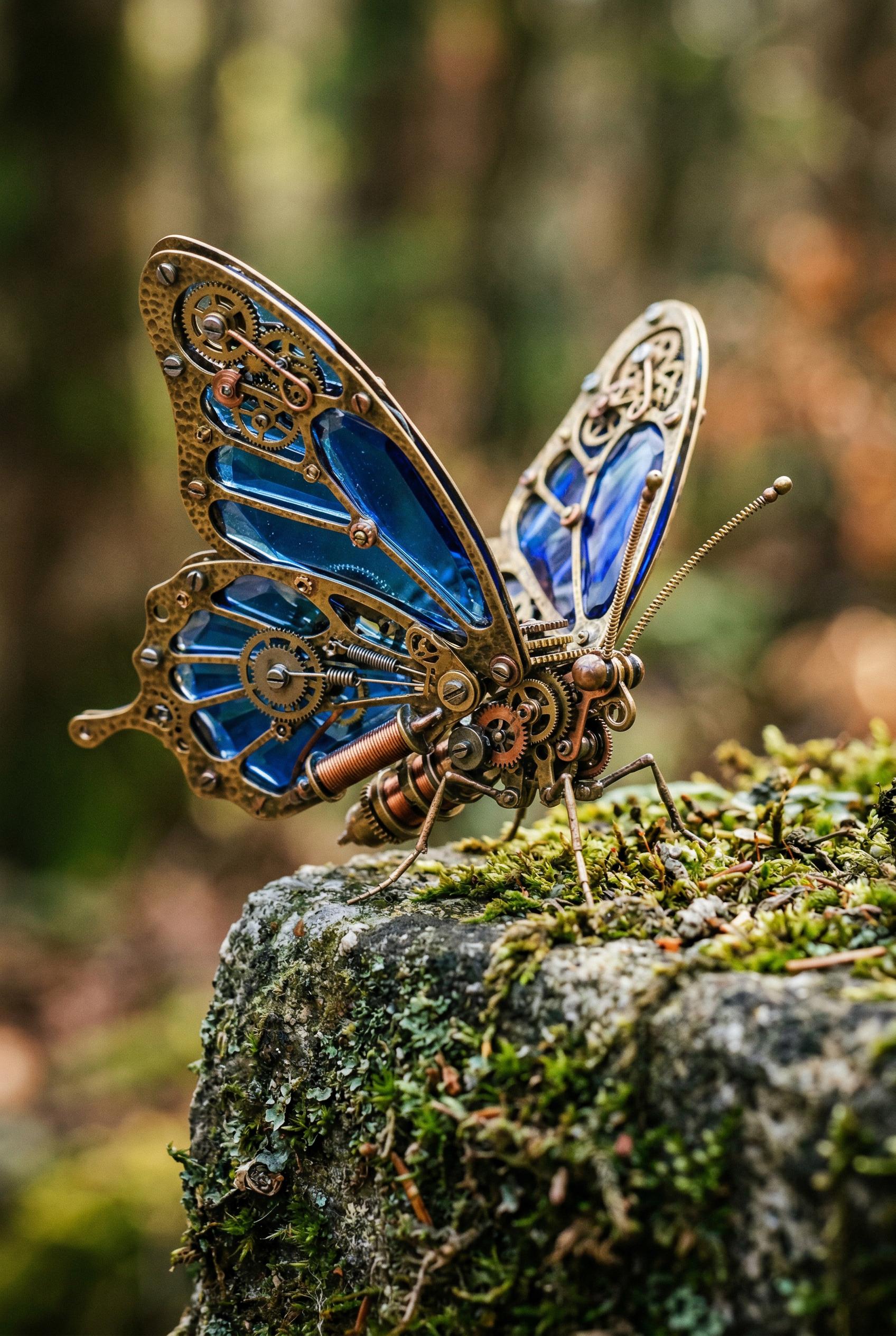 An extreme macro close-up of a mechanical clockwork butterfly perched delicately on a rough moss-covered grey stone, the