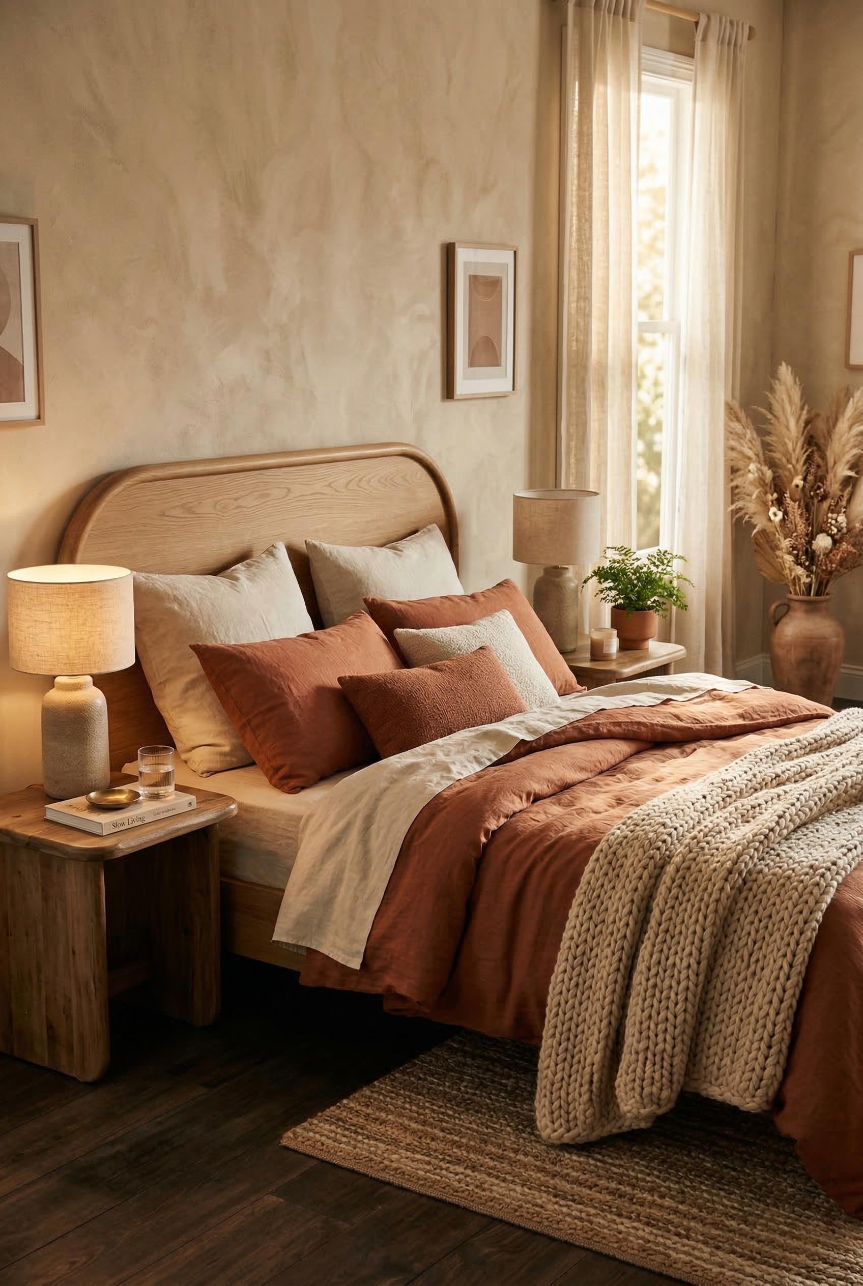 A warm and inviting bedroom with layered linen bedding in terracotta, burnt sienna, and cream tones on a king-size bed with a natural oak headboard. Two wooden nightstands with rounded edges hold ceramic table lamps with linen shades. Dried pampas grass in a tall clay vase sits in the corner. Soft ambient golden hour light streams through sheer curtains, casting warm shadows across the textured walls. A chunky knit throw blanket drapes casually over the bed. Moody editorial interior photography, shallow depth of field, warm color grading, ultra realistic