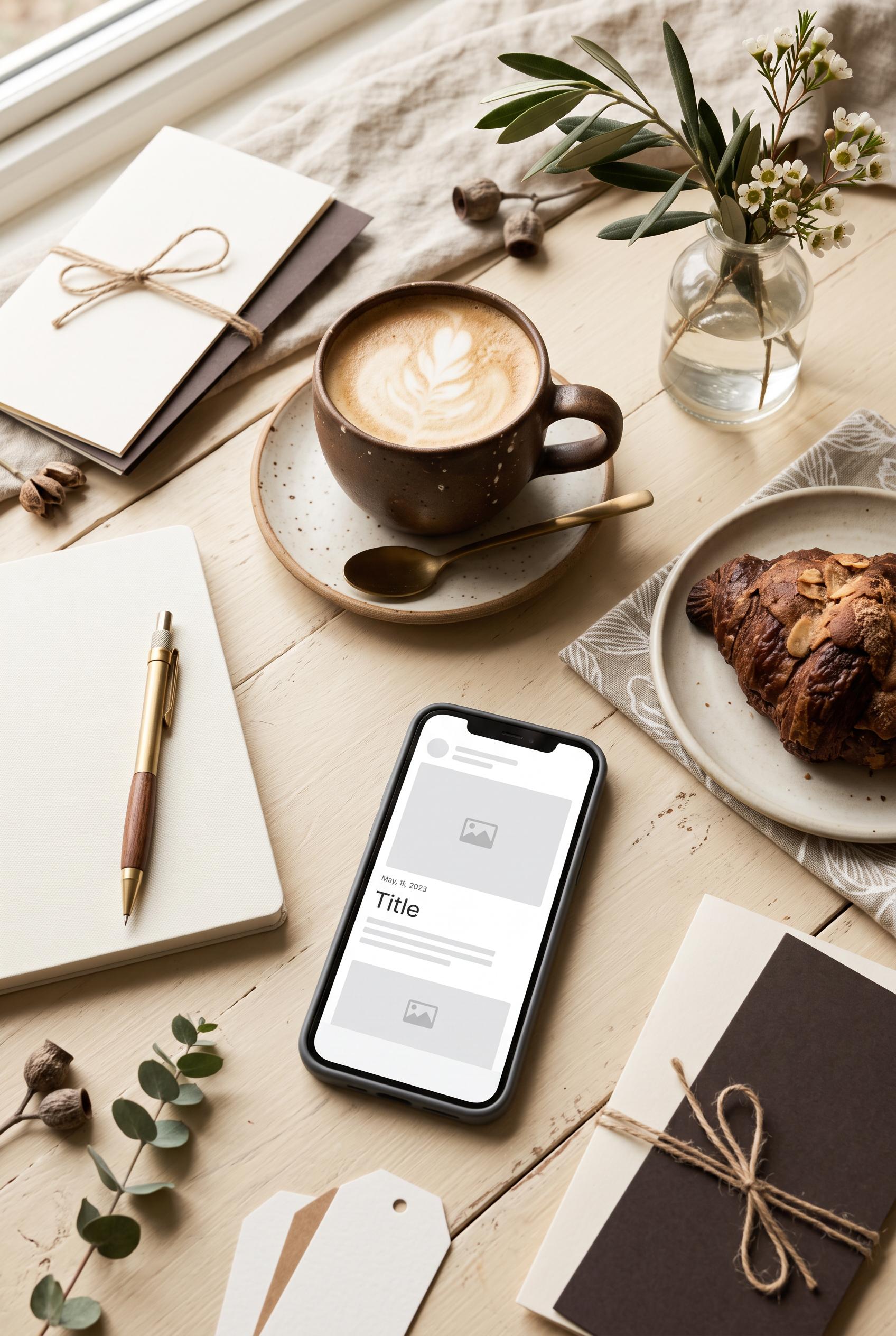 Premium editorial flat lay for a neighborhood café marketing campaign, ceramic coffee cup, pastry, s