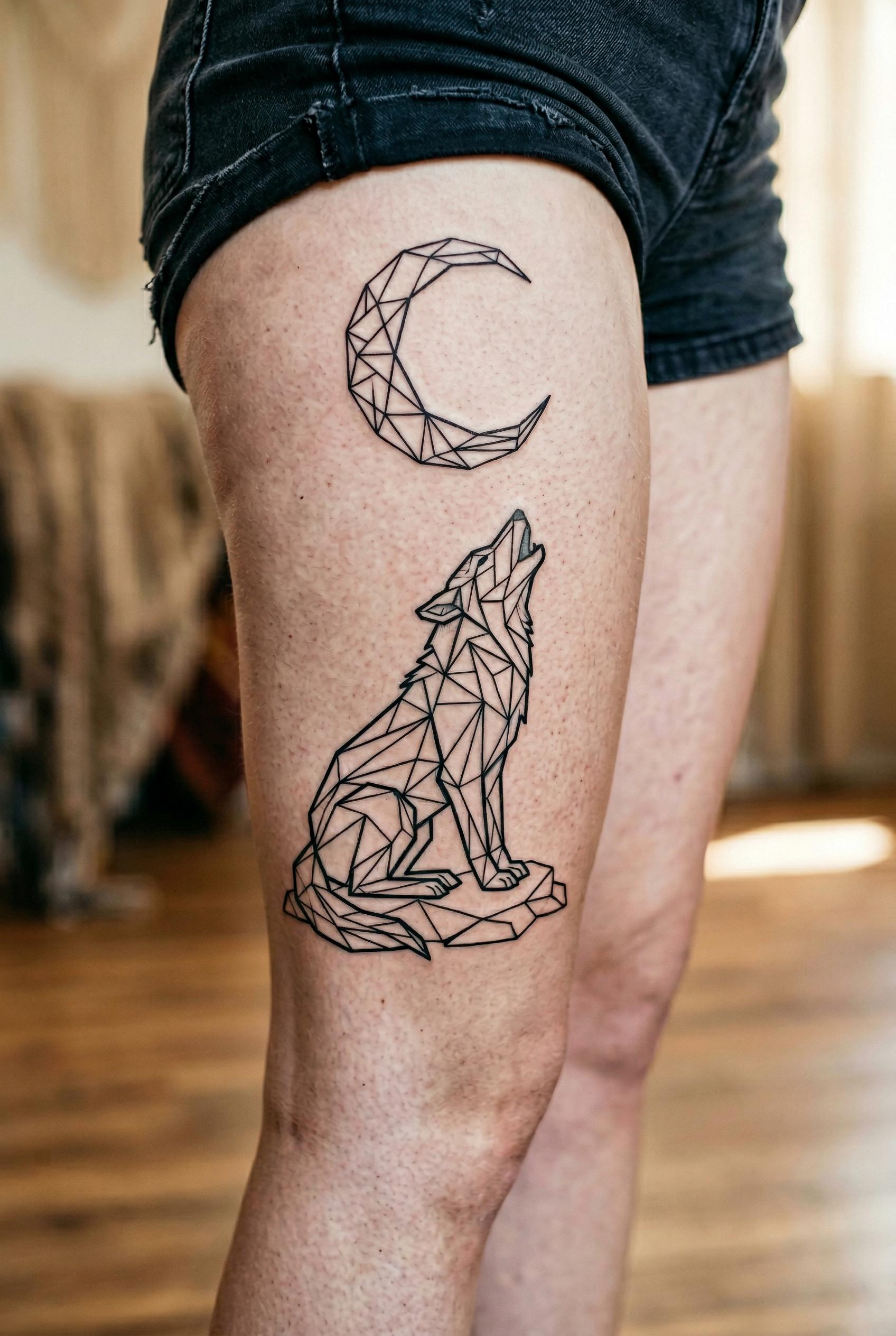 A geometric wolf howling at a geometric crescent moon, both composed entirely of clean straight lines and triangular sha