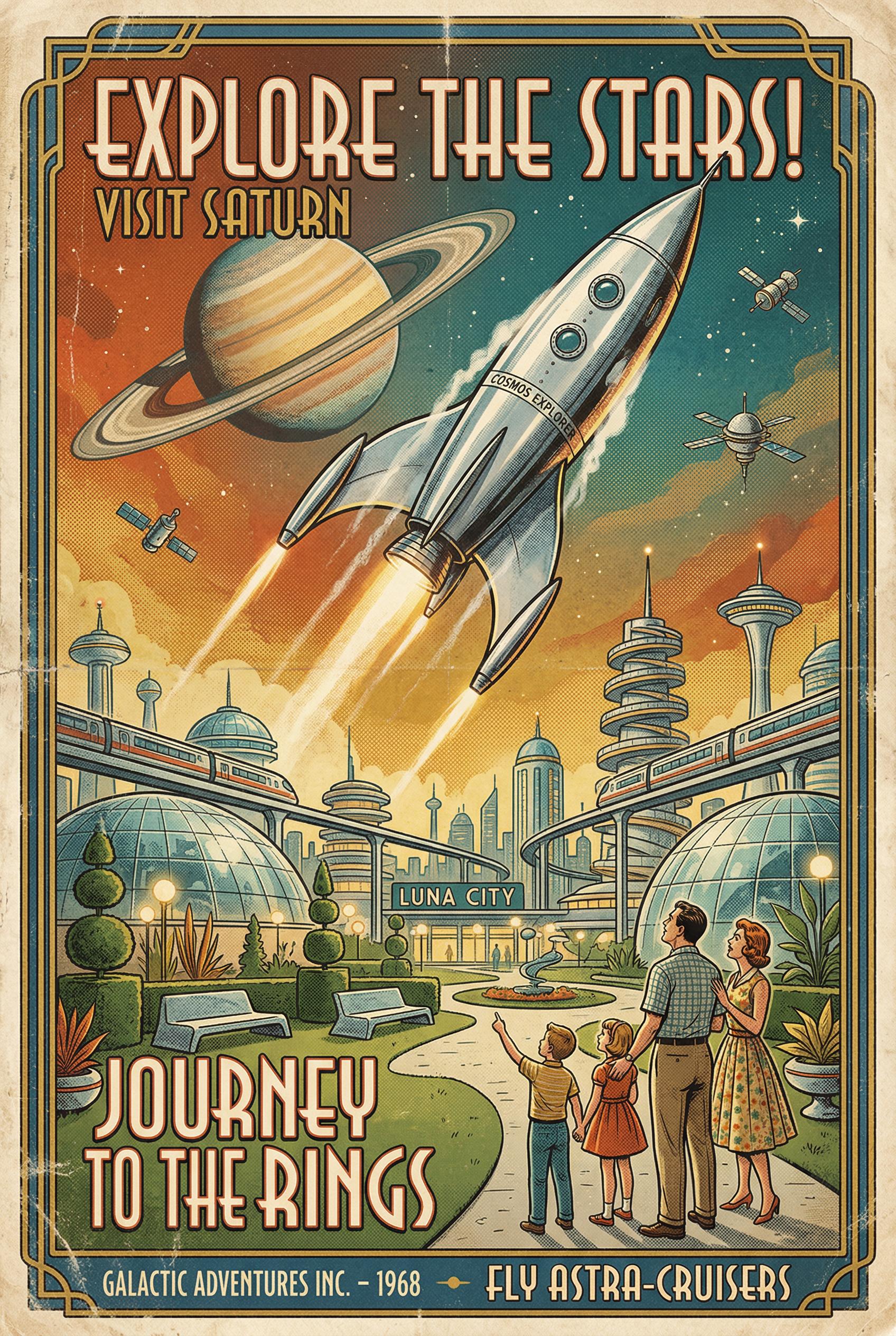 A retro futurism poster composition blending 1960s Space Age optimism with futuristic technology, a sleek chrome rocket 
