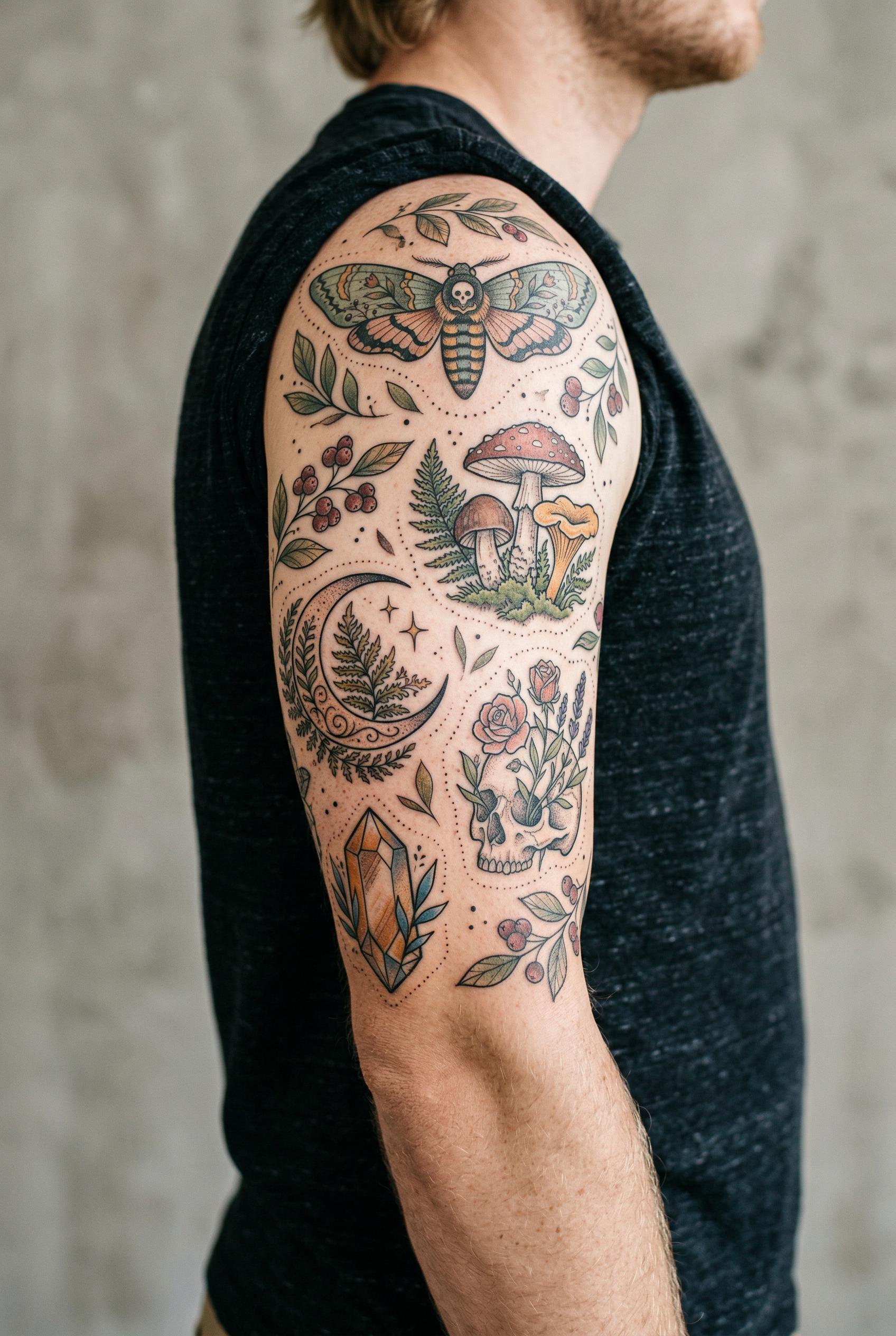 A cohesive patchwork half-sleeve tattoo on a man's upper arm showing multiple small and medium tatto
