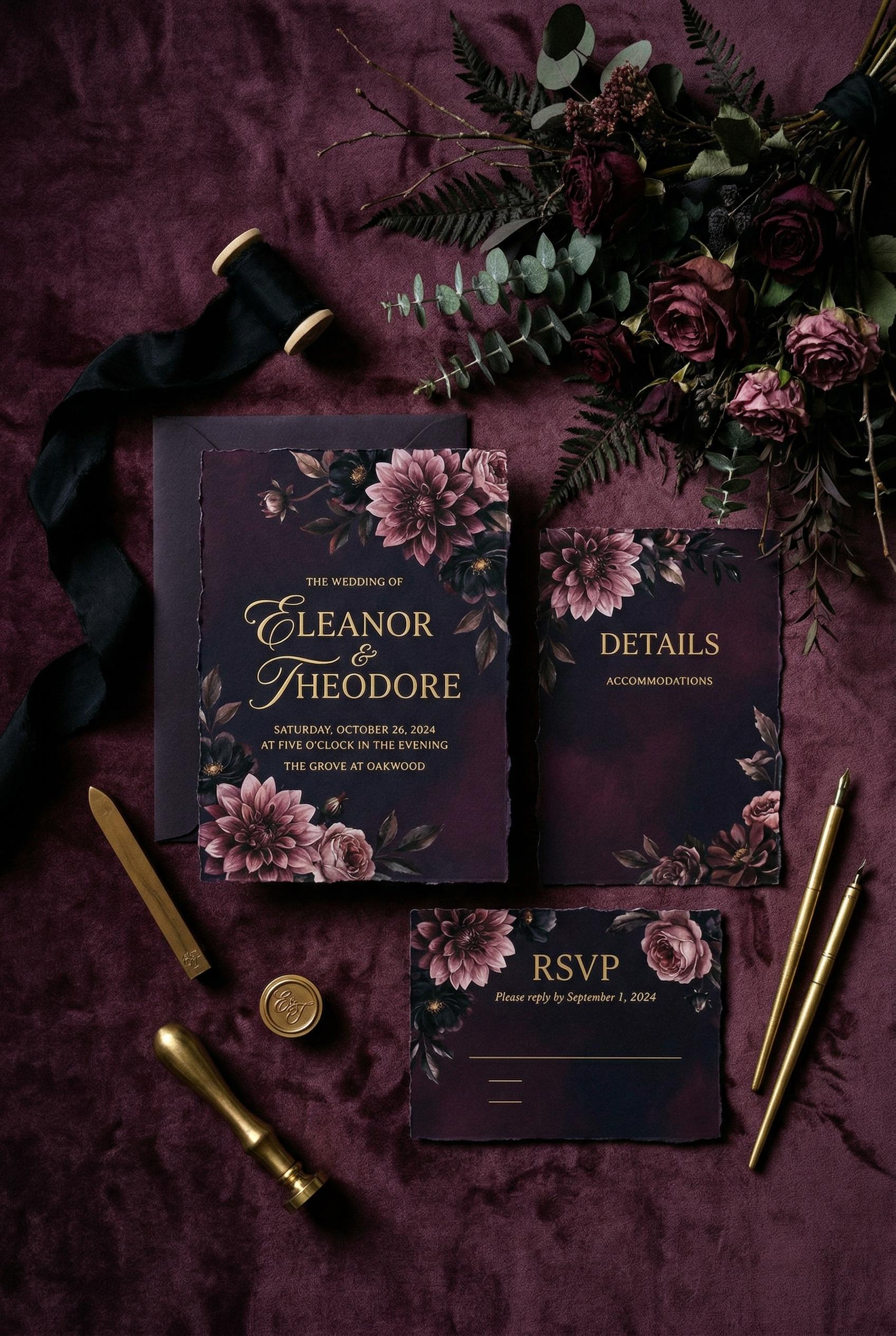 A luxurious suite of dark moody floral wedding invitations spread in a styled flat lay on a deep plum velvet surface. Th