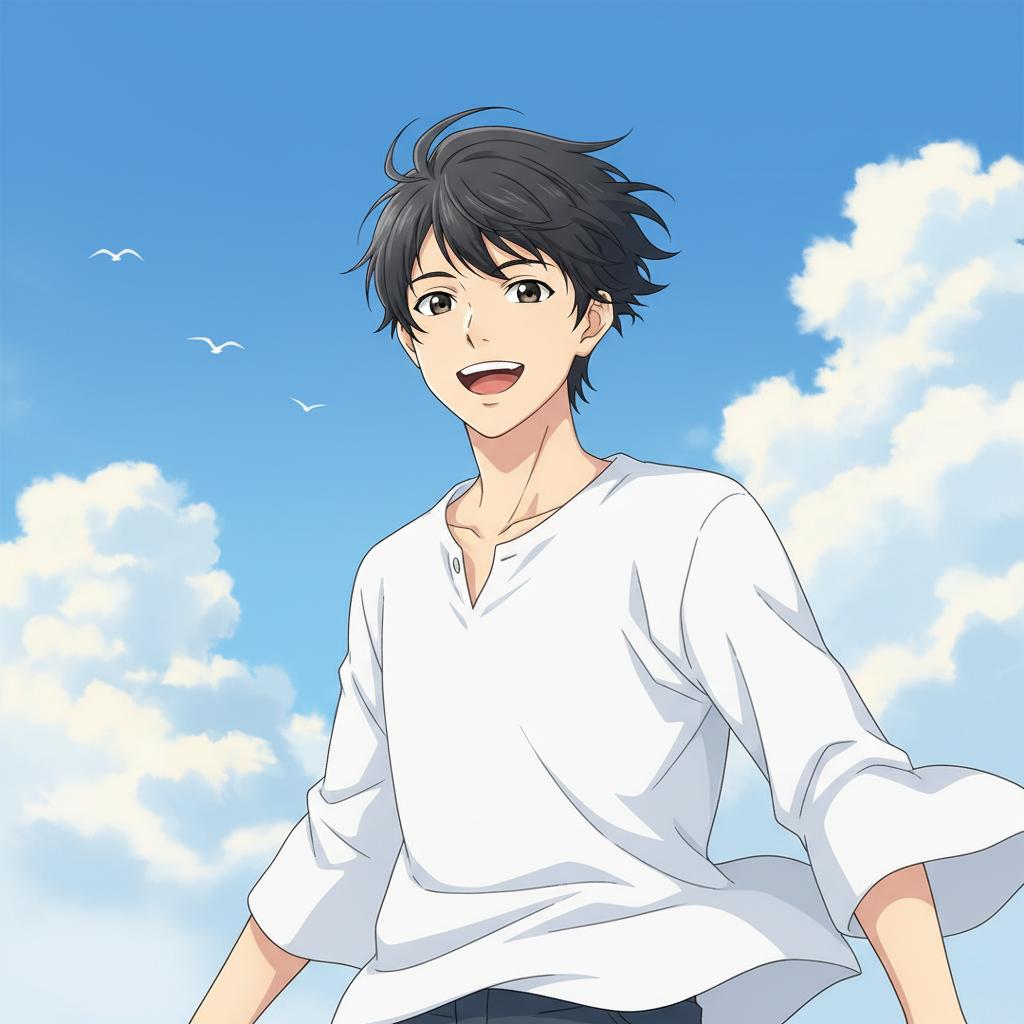 Социальные сети AI image: Young man with short, windswept dark hair, vibrant and joyful expression with a wide, toothy grin, w