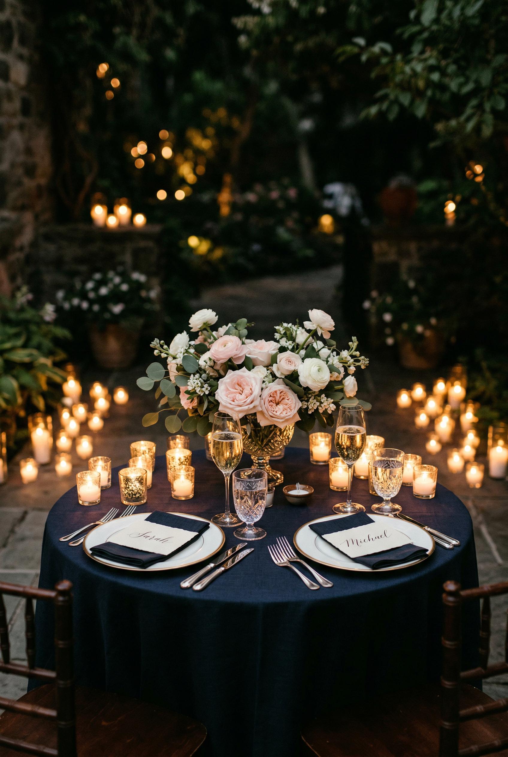 An intimate candlelit sweetheart dinner table for two in a softly lit romantic setting, featuring fine white bone china