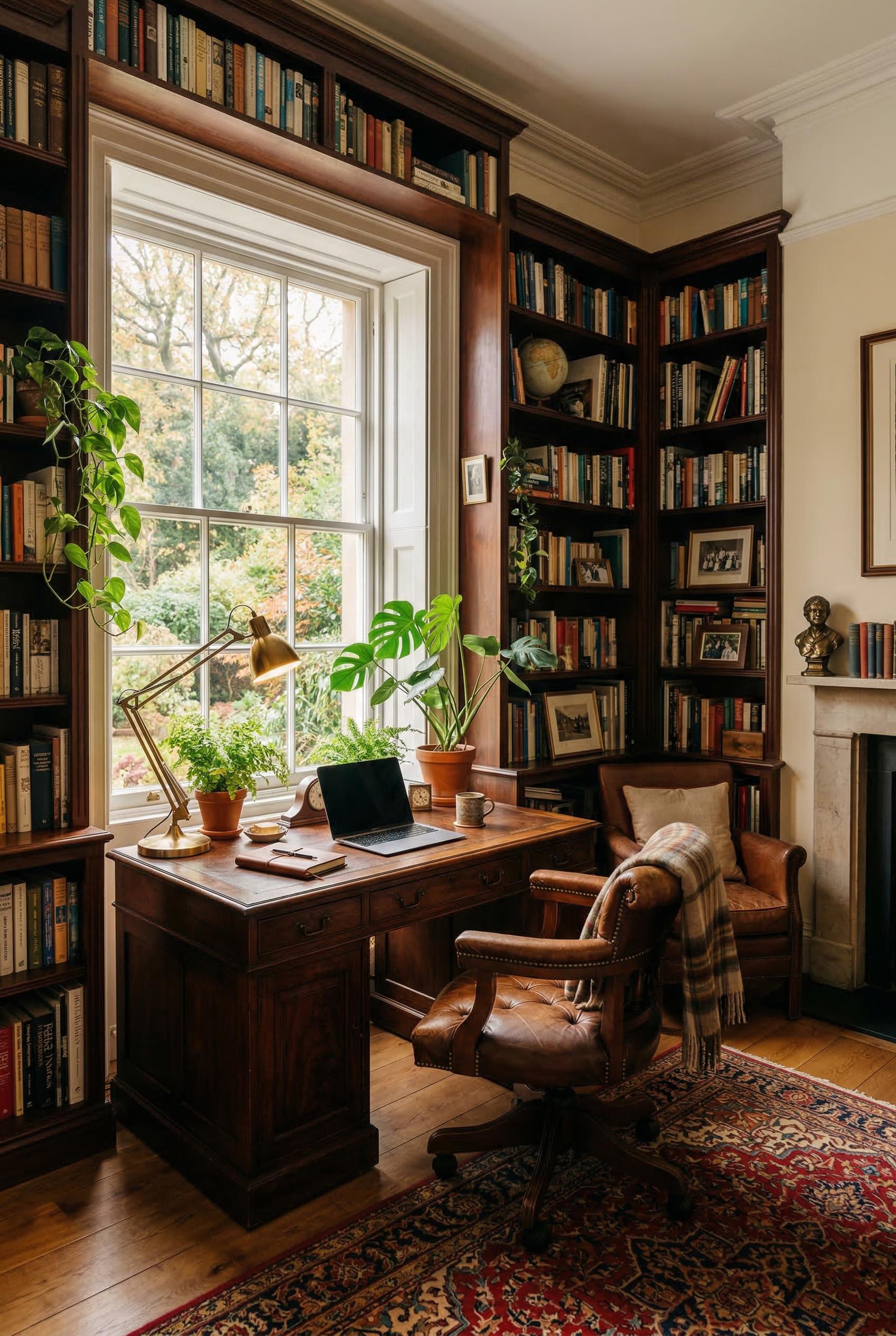 A cozy home office with built-in dark wood bookshelves filled with books, a vintage leather desk chair, a warm brass desk lamp, lush potted plants, a large window with soft natural light, a Persian rug on hardwood floors, architectural digest style photography, ultra realistic. Render in Photorealistic style.