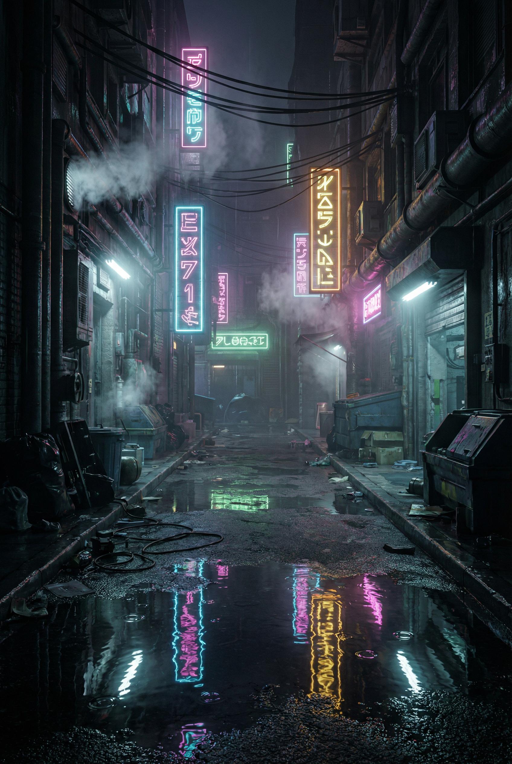 4K vertical wallpaper of a cyberpunk neon alley at night, rain-soaked street, reflective puddles, vi