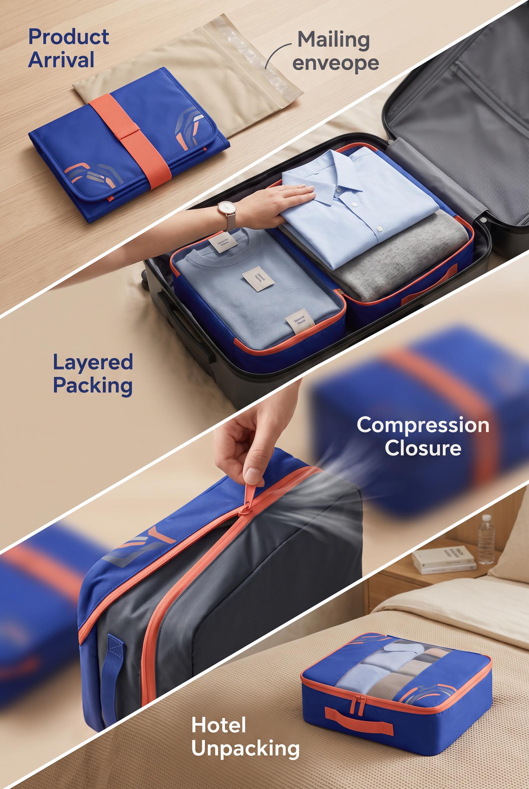 Create a commercial-quality vertical 2:3 Pinterest campaign concept for a reusable luggage organizer