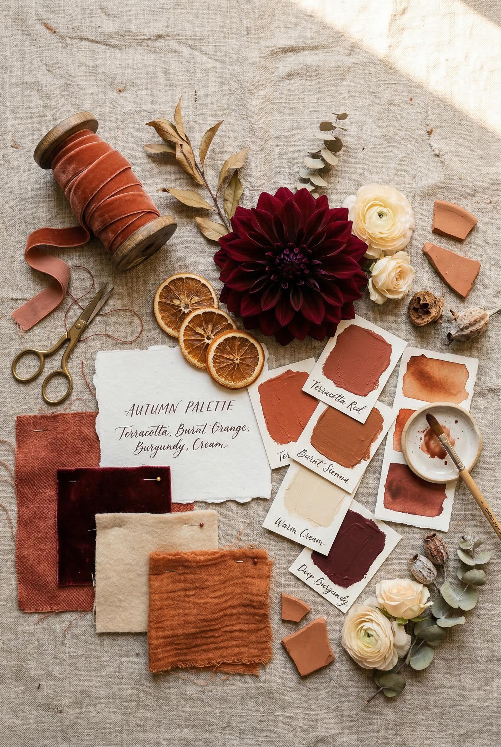 A beautifully styled flat lay arrangement of fabric swatches, textured paint chips, and real flowers